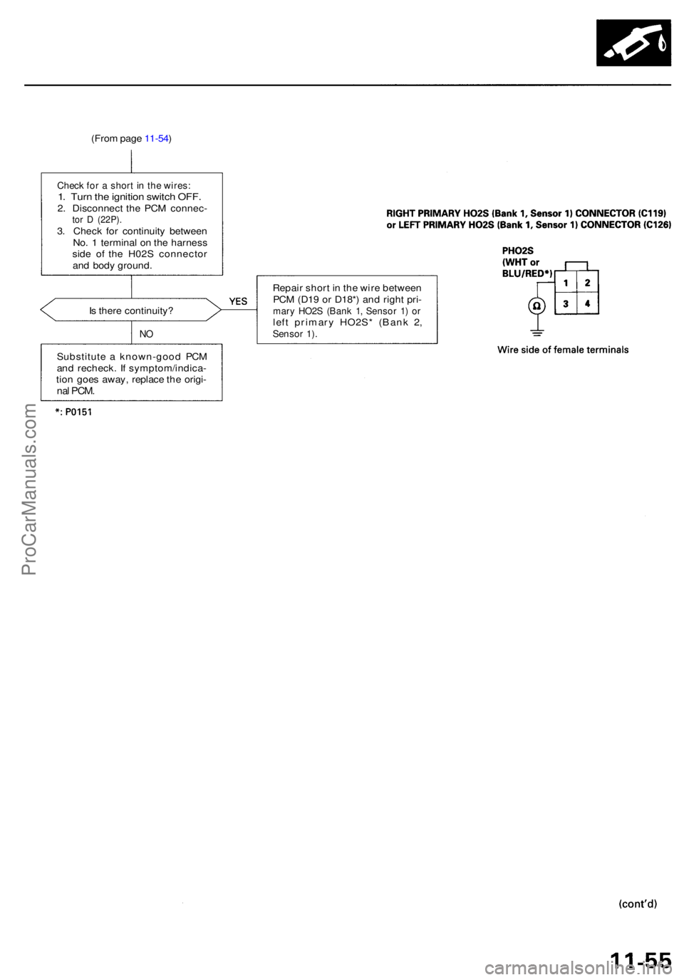 ACURA RL KA9 1996  Service Repair Manual (From pag e 11-54 )
Check fo r a  shor t i n  th e wires :1. Tur n th e ignitio n switc h OFF .2. Disconnec t th e PC M connec -tor D  (22P) .3. Chec k fo r continuit y betwee n
No . 1  termina l o n 