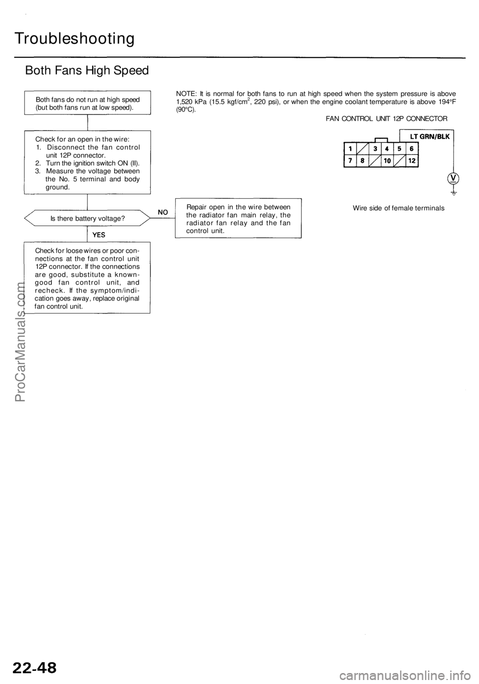 ACURA RL KA9 1996 Service Repair Manual Troubleshooting
Both Fan s Hig h Spee d
Is ther e batter y voltage ?
Chec k fo r loos e wire s o r poo r con -
nection s a t th e fa n contro l uni t
12 P connector . I f th e connection s
ar e good ACURA RL KA9 1996 Service Repair Manual Troubleshooting
Both Fan s Hig h Spee d
Is ther e batter y voltage ?
Chec k fo r loos e wire s o r poo r con -
nection s a t th e fa n contro l uni t
12 P connector . I f th e connection s
ar e good