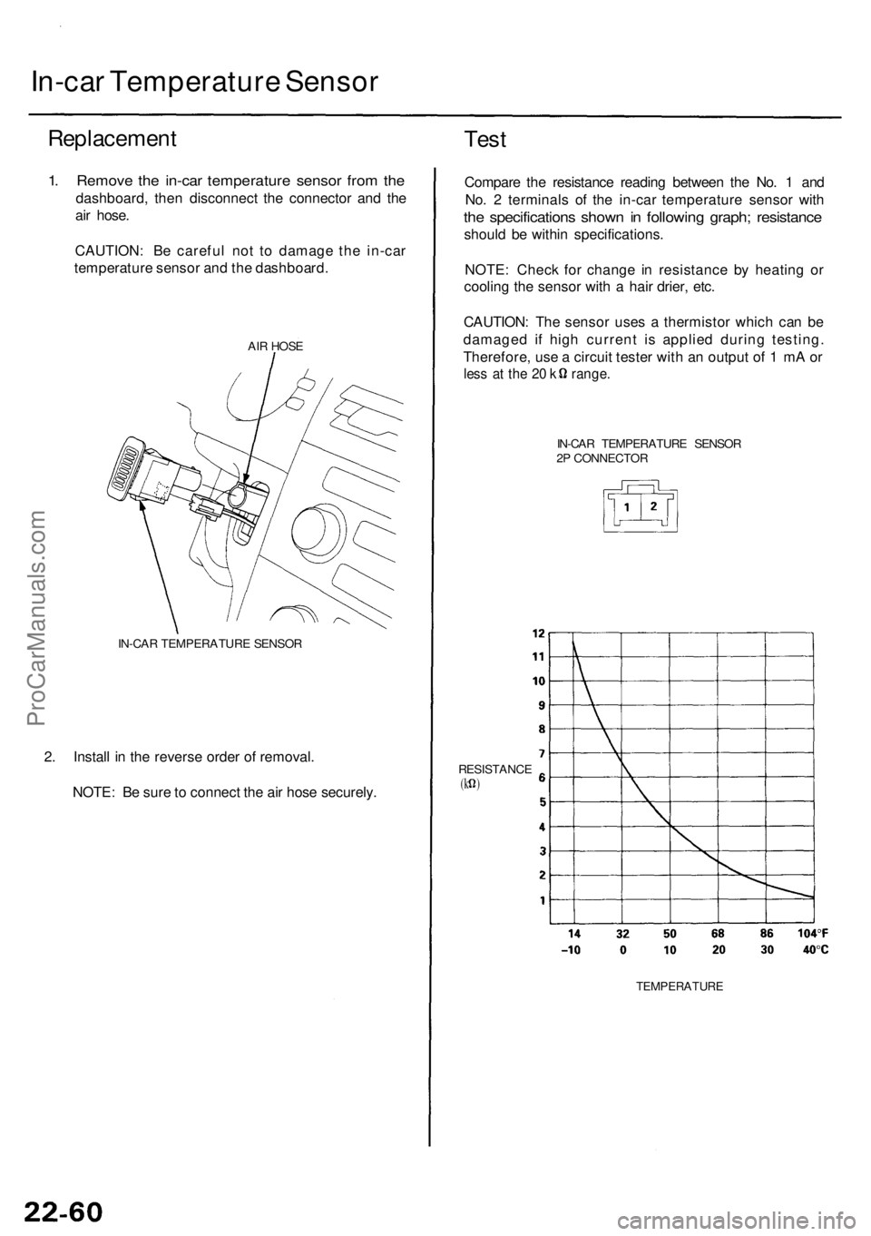ACURA RL KA9 1996  Service Repair Manual In-car Temperatur e Senso r
Replacemen t
1. Remov e th e in-ca r temperatur e senso r fro m th e
dashboard , the n disconnec t th e connecto r an d th e
ai r hose .
CAUTION : B e carefu l no t t o dam