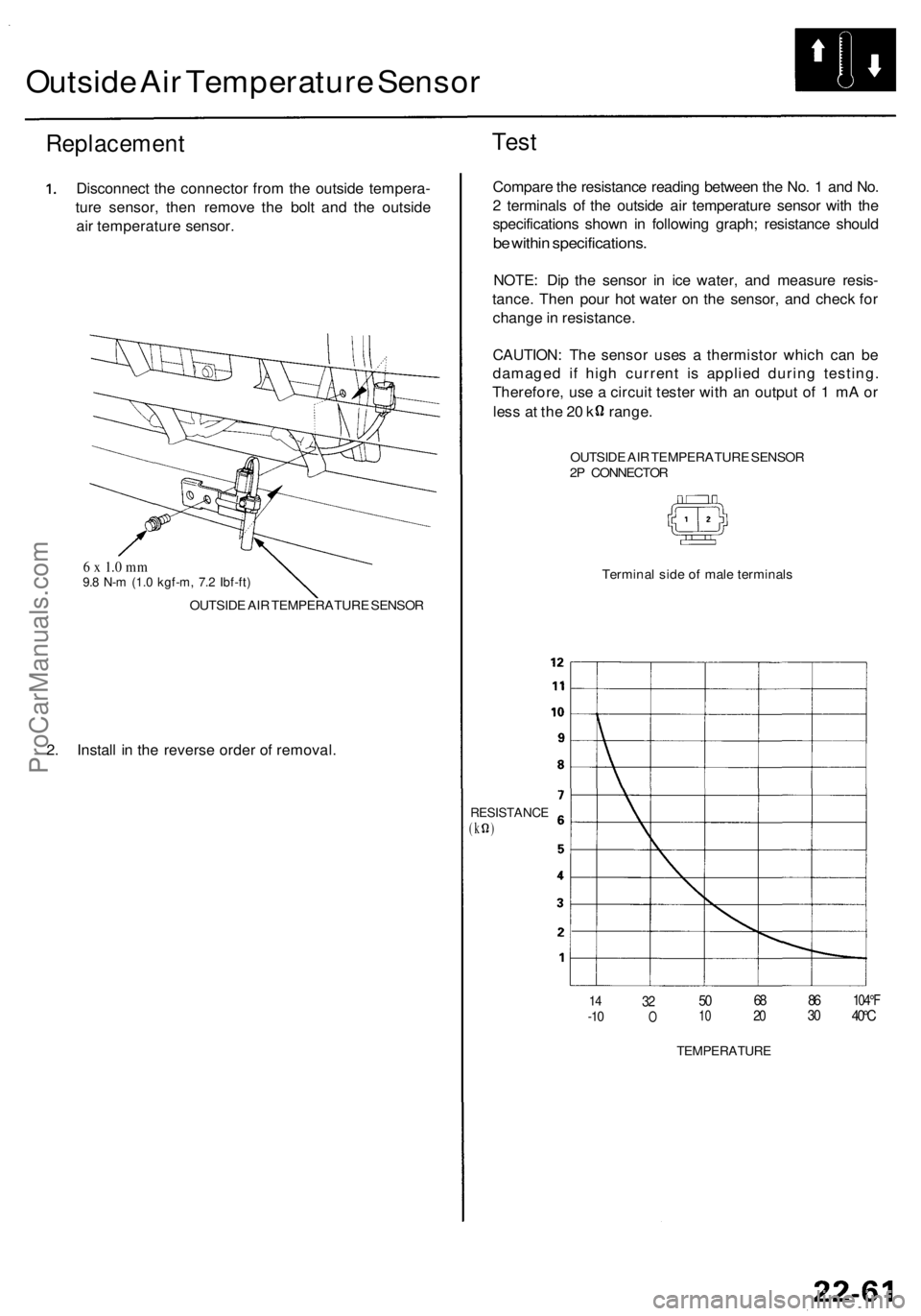 ACURA RL KA9 1996  Service Repair Manual Outside Ai r Temperatur e Senso r
Replacemen t
Disconnect th e connecto r fro m th e outsid e tempera -
tur e sensor , the n remov e th e bol t an d th e outsid e
ai r temperatur e sensor .
6 x  1. 0 