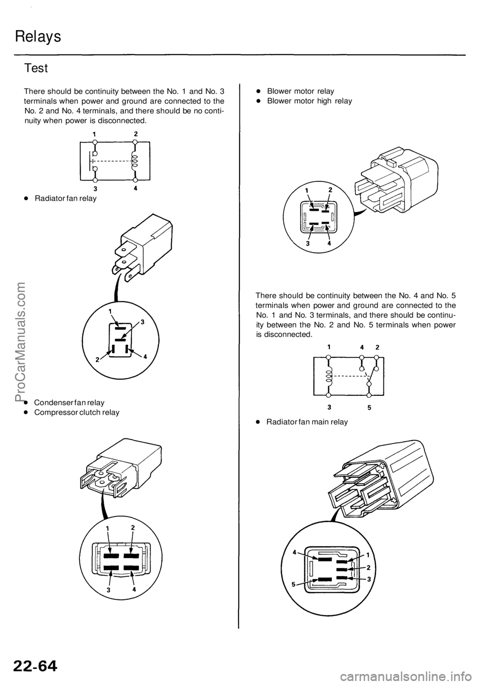 ACURA RL KA9 1996  Service Repair Manual 
Relays

Test

There should be continuity between the No. 1 and No. 3

terminals when power and ground are connected to the

No. 2 and No. 4 terminals, and there should be no conti-

nuity when power 