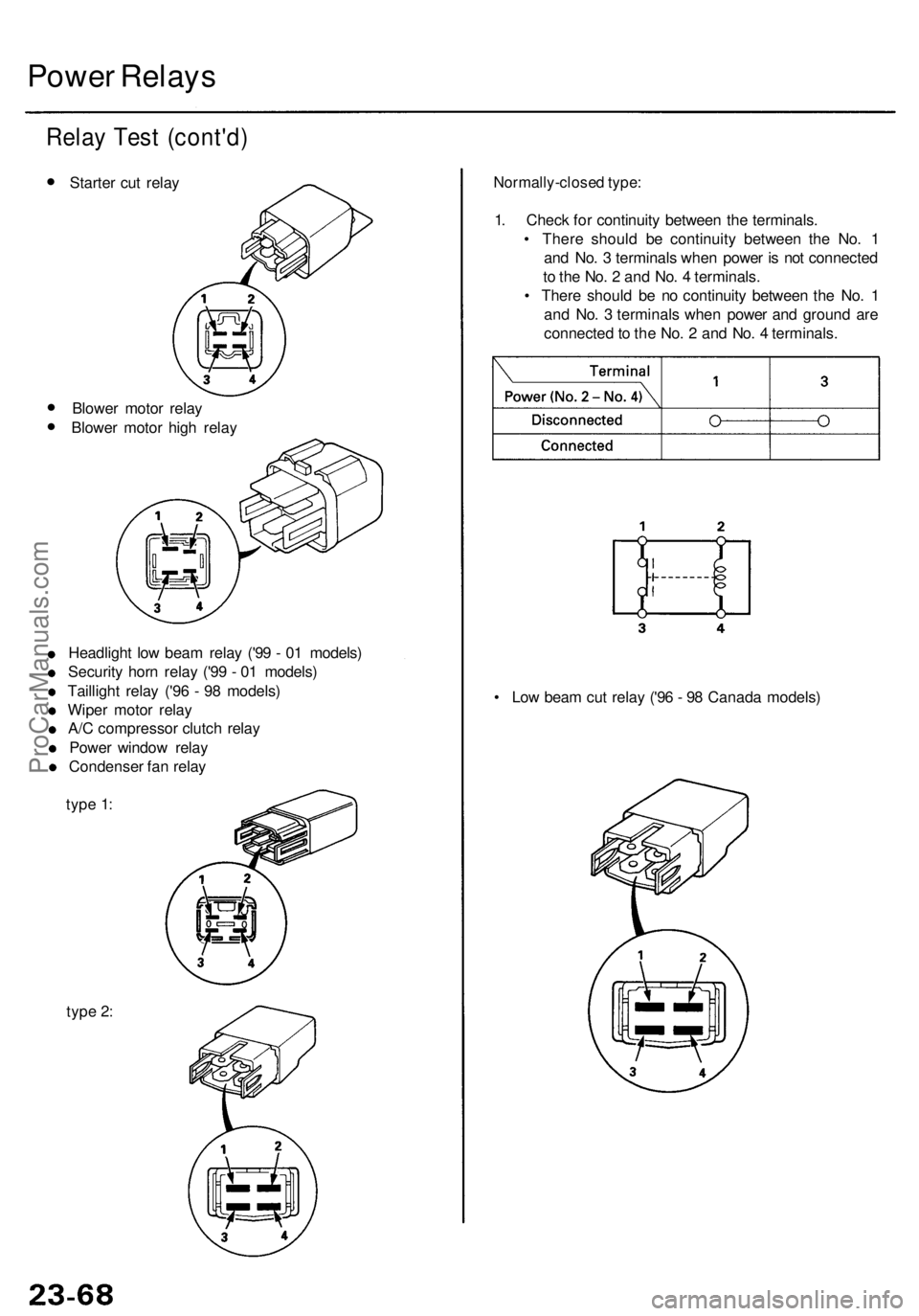 ACURA RL KA9 1996  Service Repair Manual Power Relay s
Relay Tes t (cont'd )
• Starte r cu t rela y
• Blowe r moto r rela y
• Blowe r moto r hig h rela y
Headligh t lo w bea m rela y ('9 9 -  0 1 models )
Securit y hor n rela y