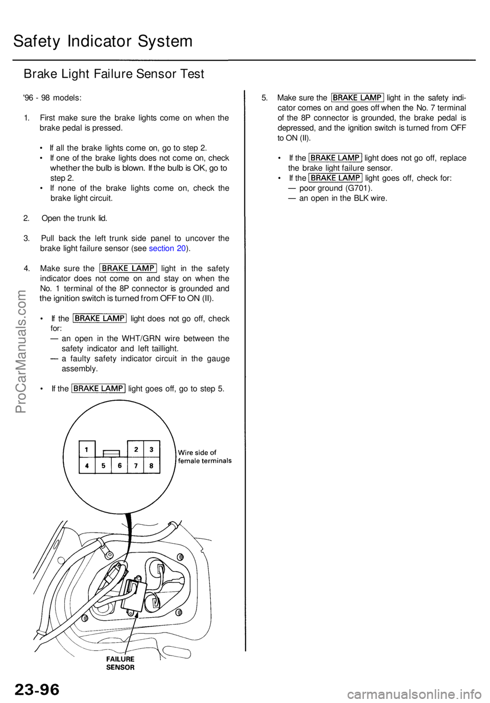 ACURA RL KA9 1996 Service Repair Manual Safety Indicato r Syste m
Brake Ligh t Failur e Senso r Tes t
'96 - 9 8 models :
1 . Firs t mak e sur e th e brak e light s com e o n whe n th e
brak e peda l i s pressed .
• I f al l th e br ACURA RL KA9 1996 Service Repair Manual Safety Indicato r Syste m
Brake Ligh t Failur e Senso r Tes t
'96 - 9 8 models :
1 . Firs t mak e sur e th e brak e light s com e o n whe n th e
brak e peda l i s pressed .
• I f al l th e br