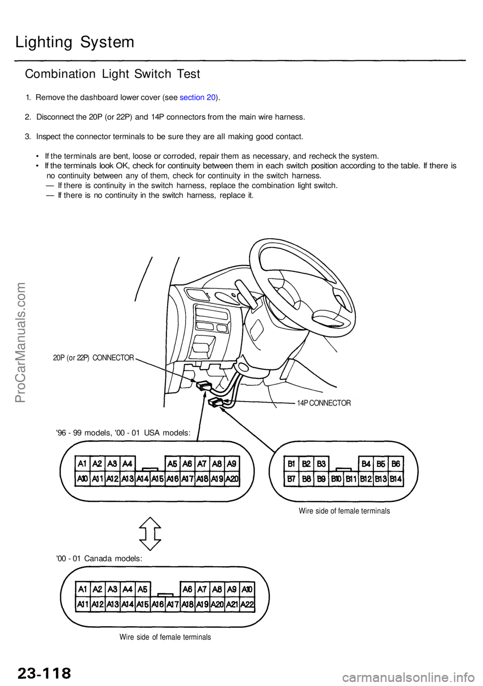 ACURA RL KA9 1996 Service Repair Manual Lighting Syste m
Combinatio n Ligh t Switc h Tes t
1. Remov e th e dashboar d lowe r cove r (se e sectio n 20 ).
2 . Disconnec t th e 20 P (o r 22P ) an d 14 P connector s fro m th e mai n wir e harne ACURA RL KA9 1996 Service Repair Manual Lighting Syste m
Combinatio n Ligh t Switc h Tes t
1. Remov e th e dashboar d lowe r cove r (se e sectio n 20 ).
2 . Disconnec t th e 20 P (o r 22P ) an d 14 P connector s fro m th e mai n wir e harne