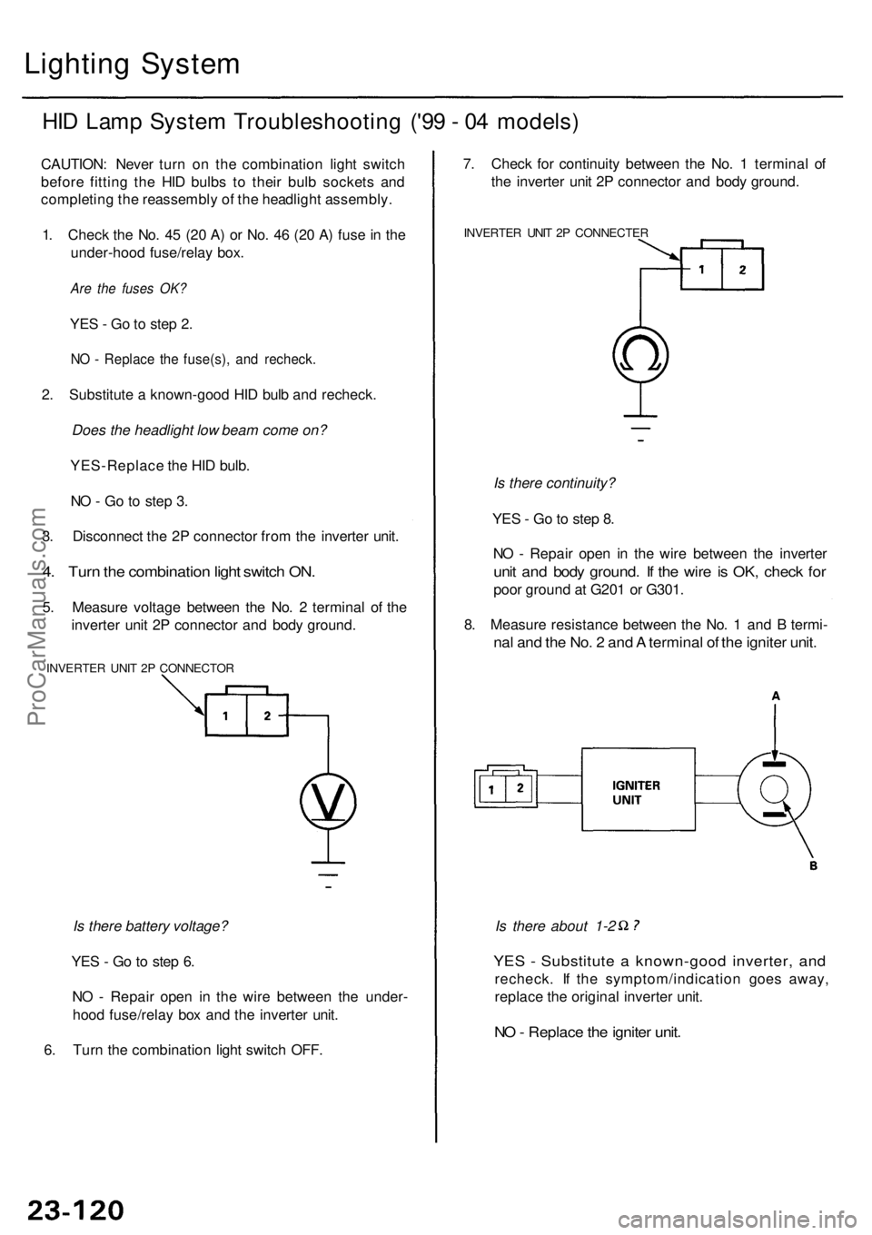 ACURA RL KA9 1996 Service Repair Manual Lighting Syste m
HID Lam p Syste m Troubleshootin g ('9 9 - 0 4 models )
CAUTION : Neve r tur n o n th e combinatio n ligh t switc h
befor e fittin g th e HI D bulb s t o thei r bul b socket s an ACURA RL KA9 1996 Service Repair Manual Lighting Syste m
HID Lam p Syste m Troubleshootin g ('9 9 - 0 4 models )
CAUTION : Neve r tur n o n th e combinatio n ligh t switc h
befor e fittin g th e HI D bulb s t o thei r bul b socket s an