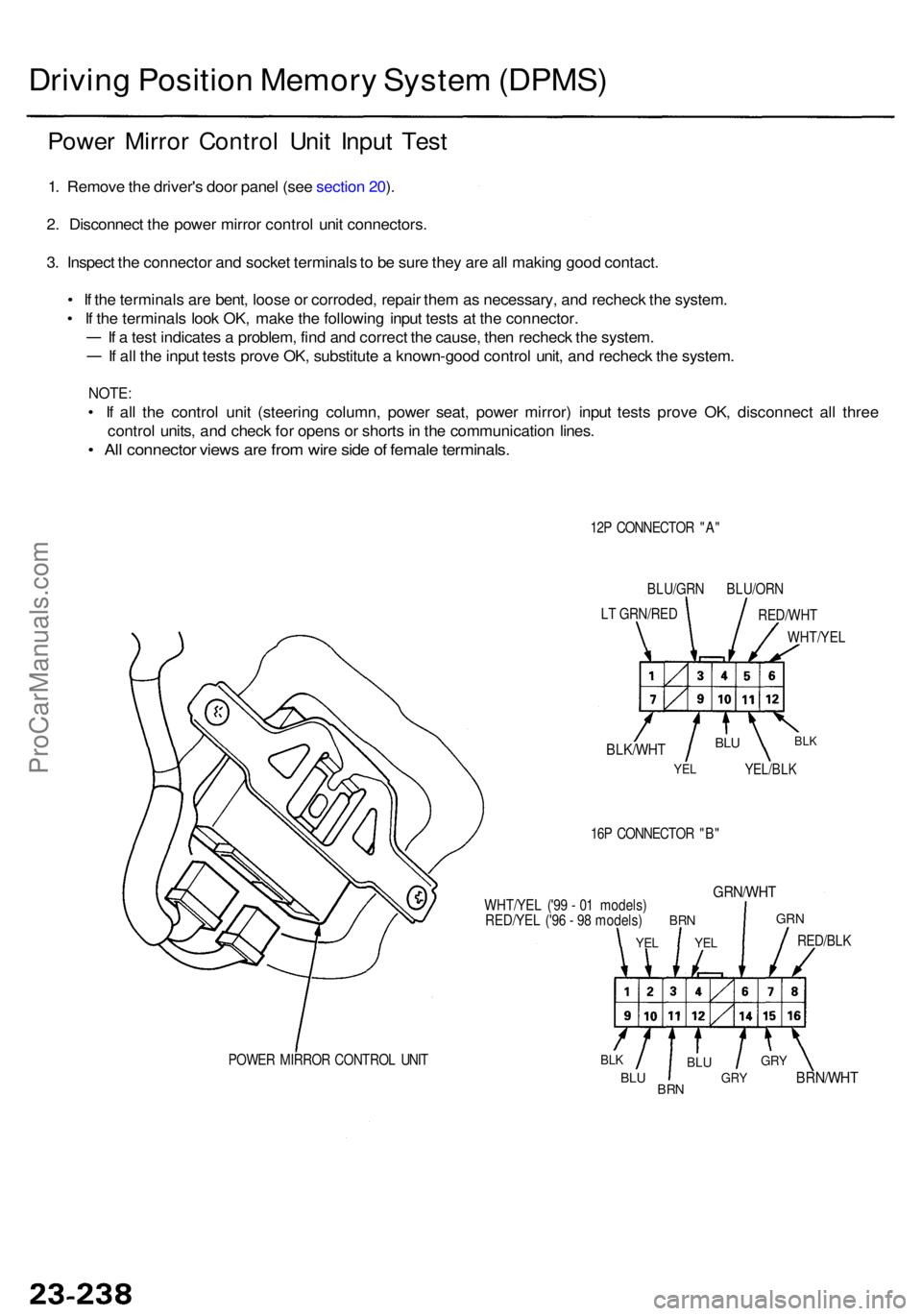 ACURA RL KA9 1996  Service Repair Manual Driving Positio n Memor y Syste m (DPMS )
Power Mirro r Contro l Uni t Inpu t Tes t
1. Remov e th e driver' s doo r pane l (se e sectio n 20 ).
2 . Disconnec t th e powe r mirro r contro l uni t c