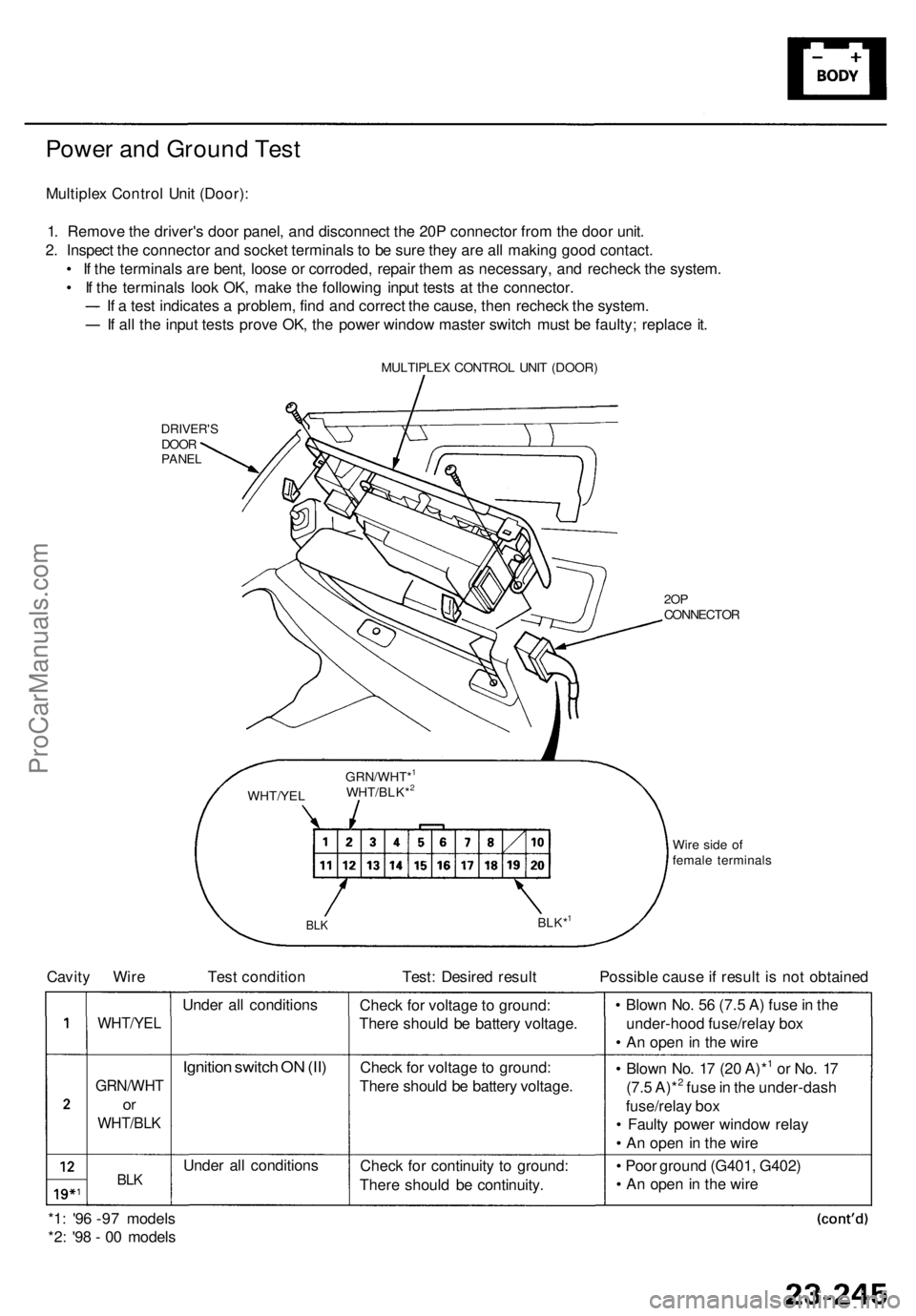 ACURA RL KA9 1996  Service Repair Manual Power an d Groun d Tes t
Multiple x Contro l Uni t (Door) :
1 . Remov e th e driver' s doo r panel , an d disconnec t th e 20 P connecto r fro m th e doo r unit .
2 . Inspec t th e connecto r an d