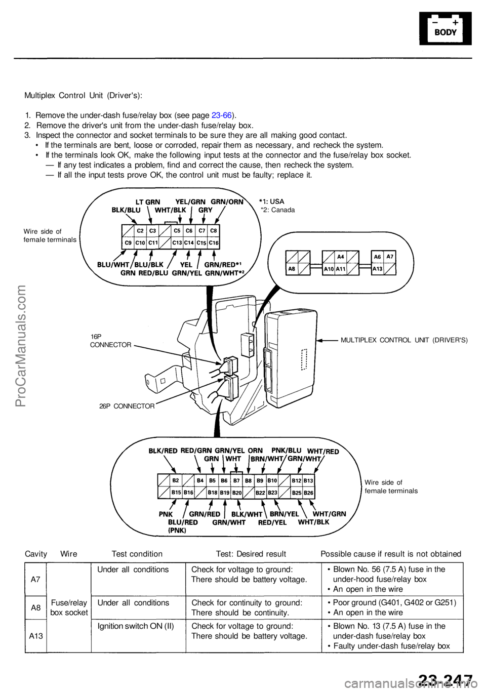 ACURA RL KA9 1996 Service Repair Manual Multiplex Contro l Uni t (Driver's) :
1 . Remov e th e under-das h fuse/rela y bo x (se e pag e 23-66 ).
2 . Remov e th e driver' s uni t fro m th e under-das h fuse/rela y box .
3 . Inspec t ACURA RL KA9 1996 Service Repair Manual Multiplex Contro l Uni t (Driver's) :
1 . Remov e th e under-das h fuse/rela y bo x (se e pag e 23-66 ).
2 . Remov e th e driver' s uni t fro m th e under-das h fuse/rela y box .
3 . Inspec t
