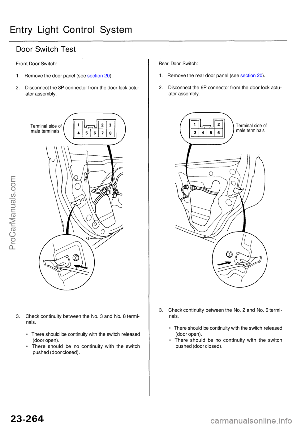 ACURA RL KA9 1996  Service Repair Manual 3. Chec k continuit y betwee n th e No . 3  an d No . 8  termi -
nals.
• Ther e shoul d b e continuit y wit h th e switc h release d
(doo r open) .
•  Ther e shoul d b e n o continuit y wit h th e