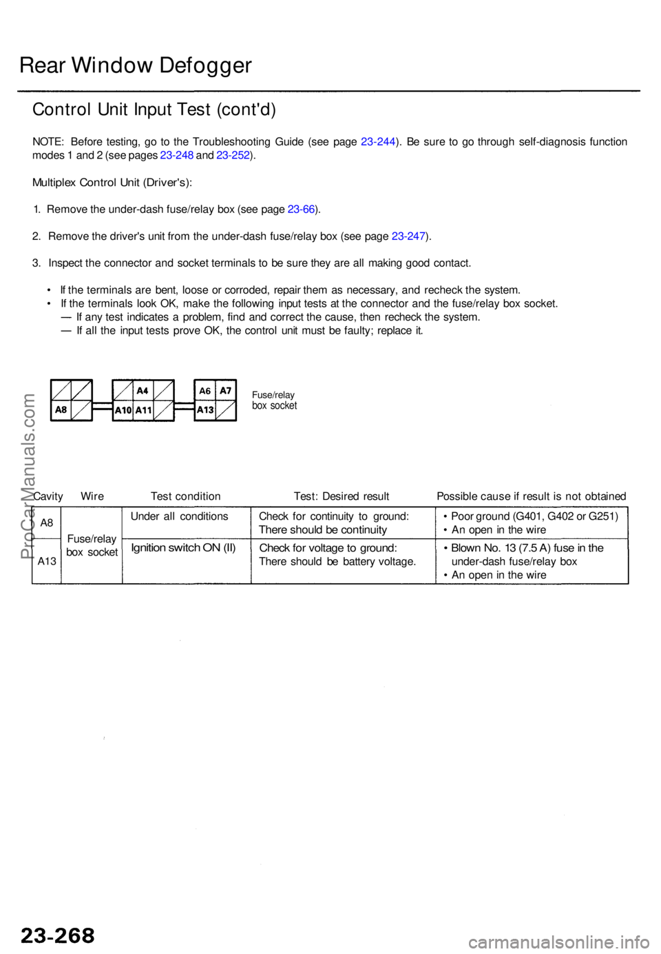 ACURA RL KA9 1996 Service Repair Manual Rear Windo w Defogge r
Control Uni t Inpu t Tes t (cont'd )
NOTE: Befor e testing , g o t o th e Troubleshootin g Guid e (se e pag e 23-244 ). B e sur e t o g o throug h self-diagnosi s functio n
ACURA RL KA9 1996 Service Repair Manual Rear Windo w Defogge r
Control Uni t Inpu t Tes t (cont'd )
NOTE: Befor e testing , g o t o th e Troubleshootin g Guid e (se e pag e 23-244 ). B e sur e t o g o throug h self-diagnosi s functio n