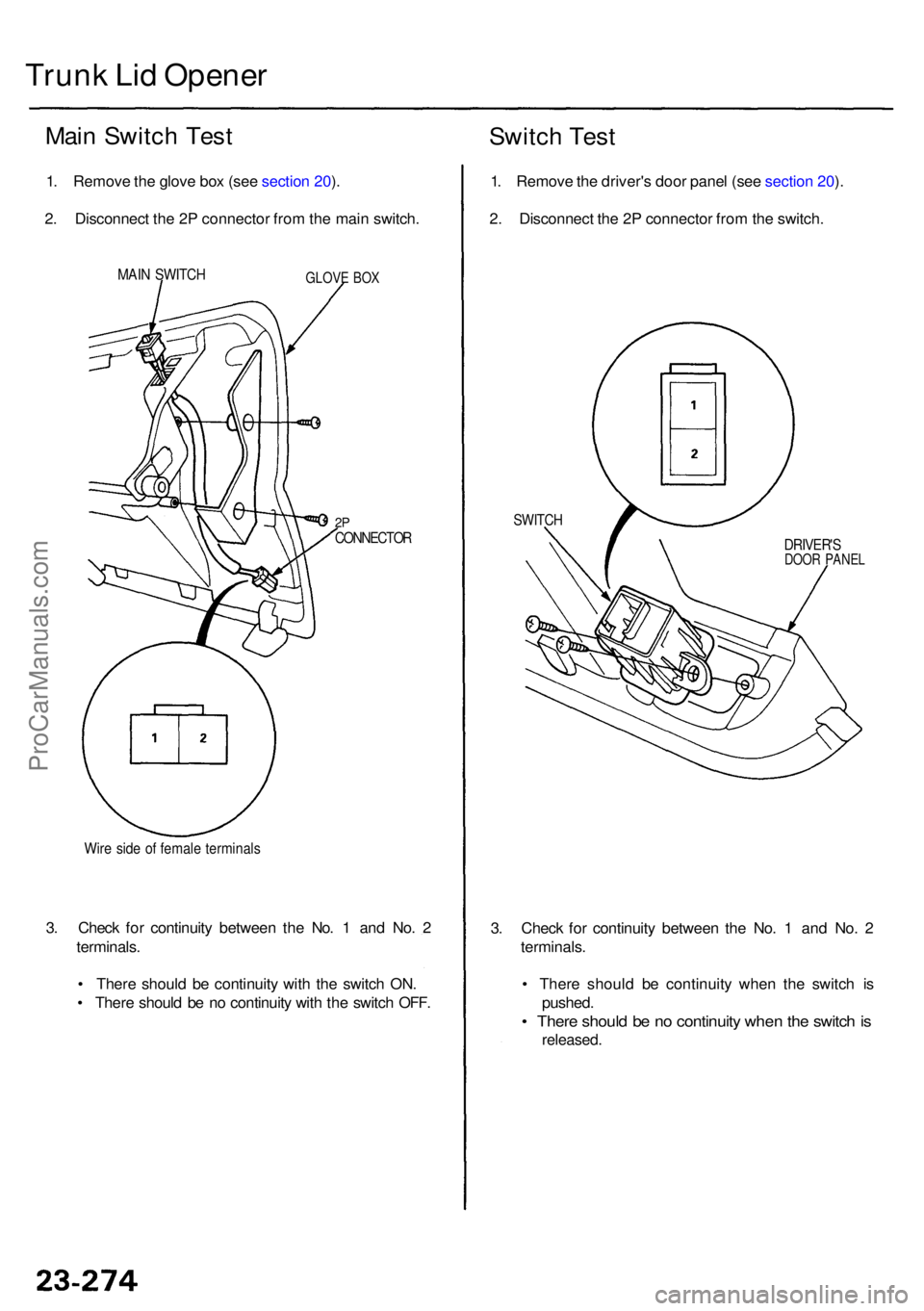 ACURA RL KA9 1996  Service Repair Manual Trunk Li d Opene r
Main Switc h Tes t
1. Remov e th e glov e bo x (se e sectio n 20 ).
2 . Disconnec t th e 2 P connecto r fro m th e mai n switch .
MAIN SWITC HGLOVE BO X
2PCONNECTO R
1. Remov e th e