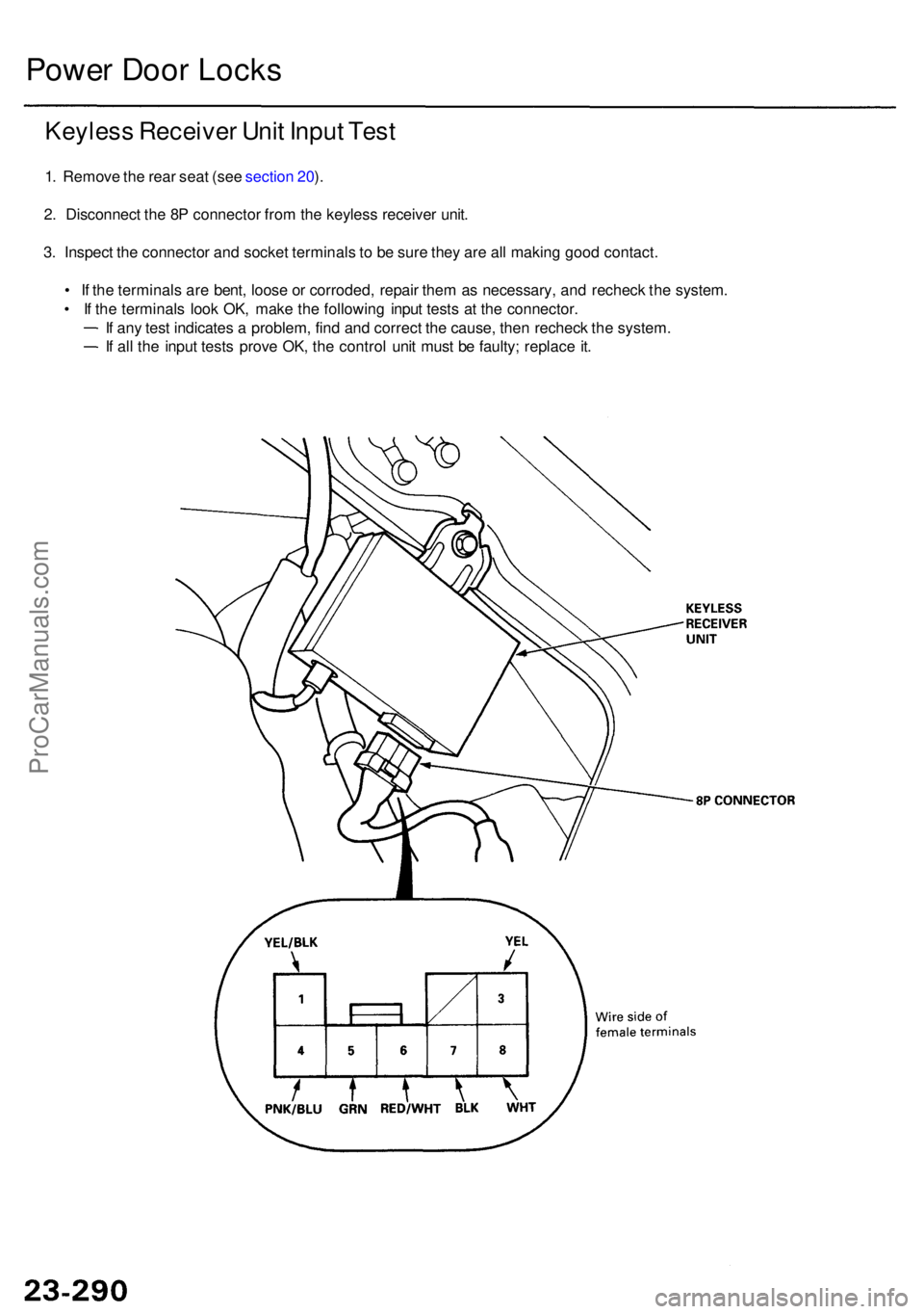 ACURA RL KA9 1996  Service Repair Manual Power Doo r Lock s
Keyles s Receive r Uni t Inpu t Tes t
1. Remov e th e rea r sea t (se e sectio n 20 ).
2 . Disconnec t th e 8 P connecto r fro m th e keyles s receive r unit .
3 . Inspec t th e con