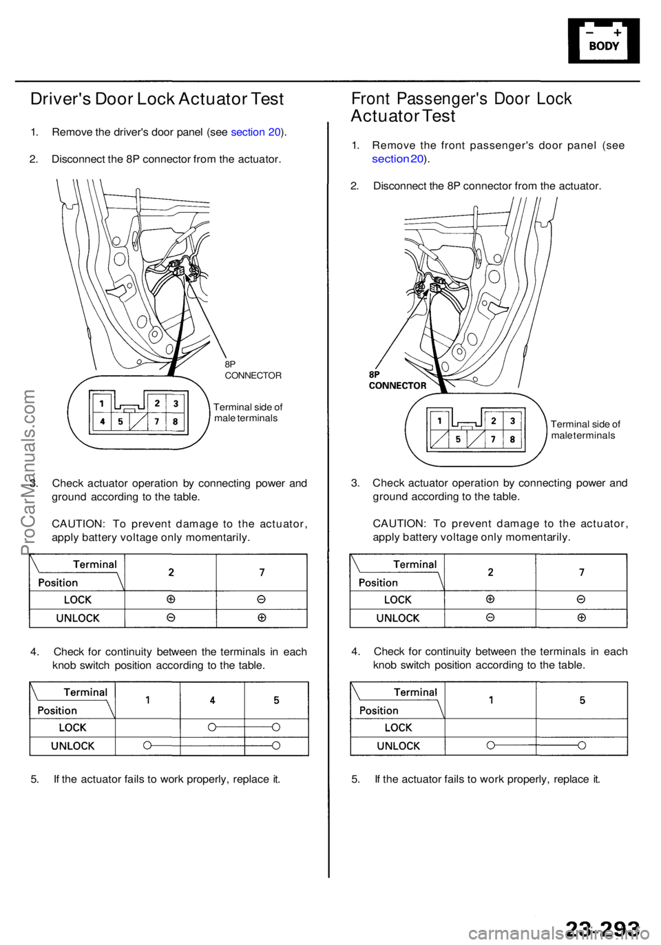 ACURA RL KA9 1996  Service Repair Manual Driver's Doo r Loc k Actuato r Tes t
1. Remov e th e driver' s doo r pane l (se e sectio n 20 ).
2 . Disconnec t th e 8 P connecto r fro m th e actuator .
Front Passenger' s Doo r Loc k
Ac