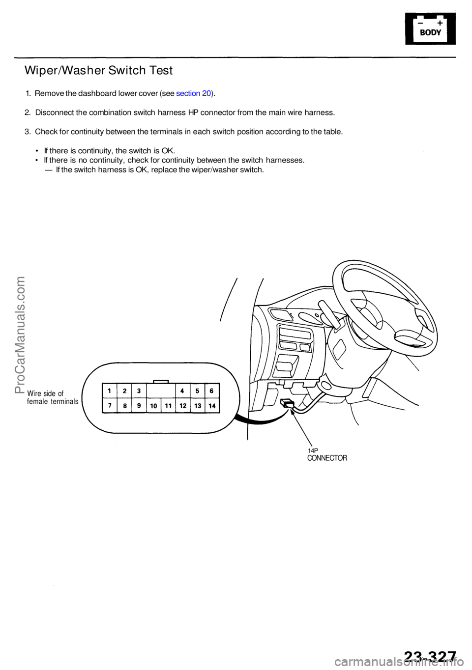 ACURA RL KA9 1996  Service Repair Manual Wiper/Washer Switc h Tes t
1. Remov e th e dashboar d lowe r cove r (se e sectio n 20 ).
2 . Disconnec t th e combinatio n switc h harnes s H P connecto r fro m th e mai n wir e harness .
3 . Chec k f