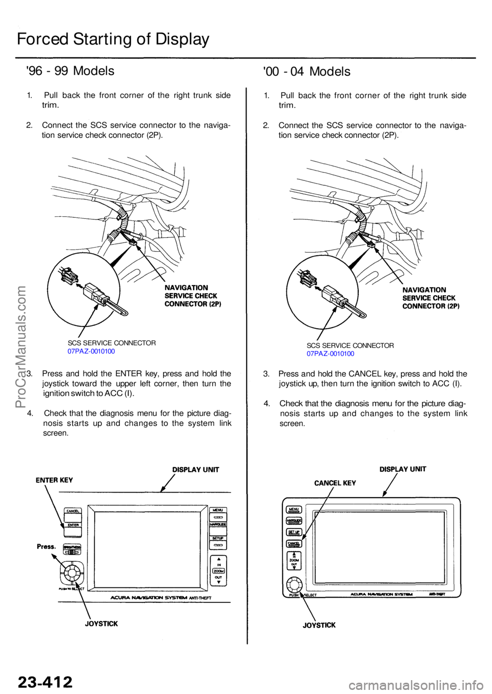ACURA RL KA9 1996  Service Repair Manual Forced Startin g o f Displa y
'96 -  9 9 Model s
1. Pul l bac k th e fron t corne r o f th e righ t trun k sid e
trim.
2. Connec t th e SC S servic e connecto r t o th e naviga -
tio n servic e ch