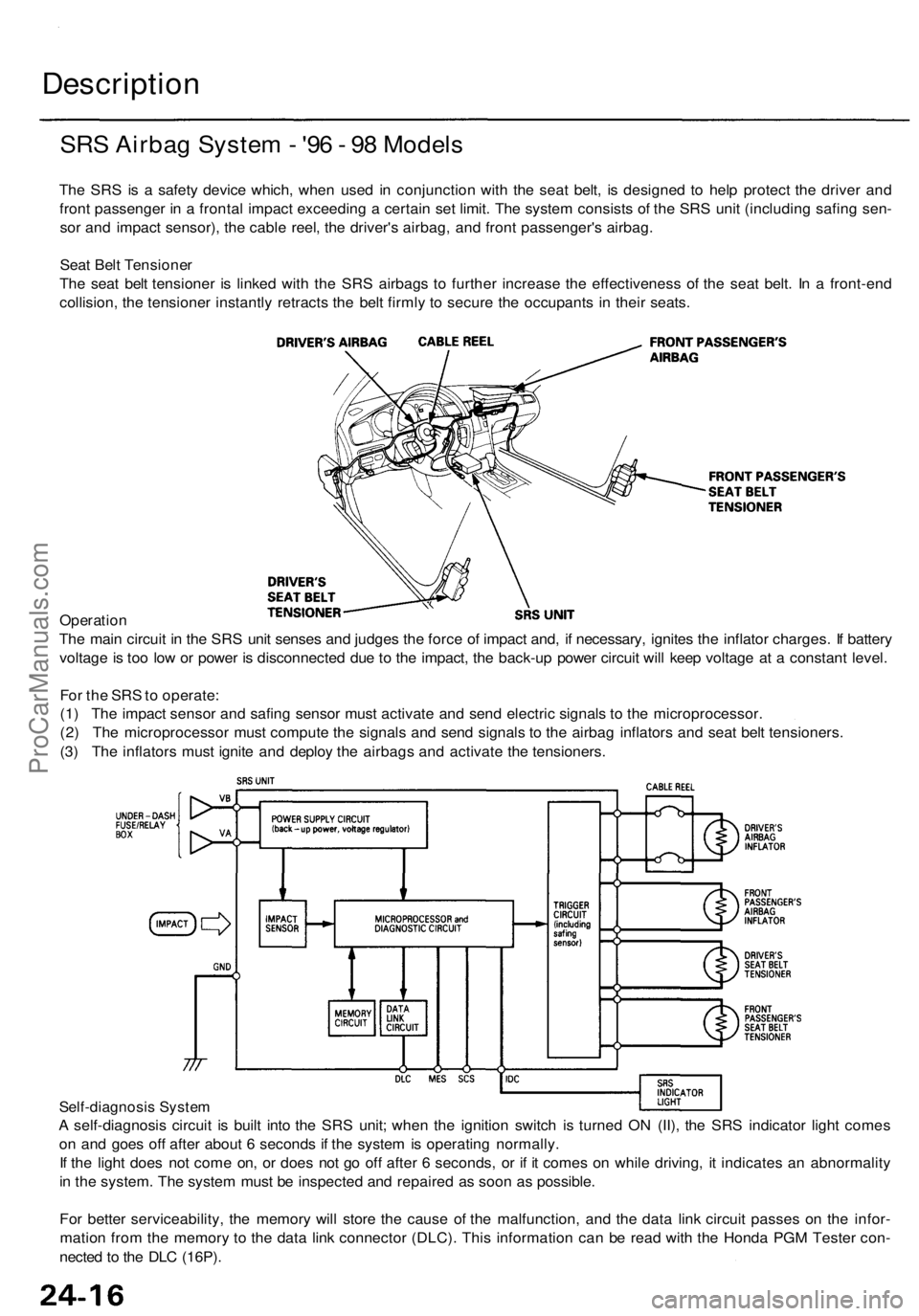 ACURA RL KA9 1996  Service Repair Manual 
Description

SRS Airbag System - '96 - 98 Models

The SRS is a safety device which, when used in conjunction with the seat belt, is designed to help protect the driver and

front passenger in a f