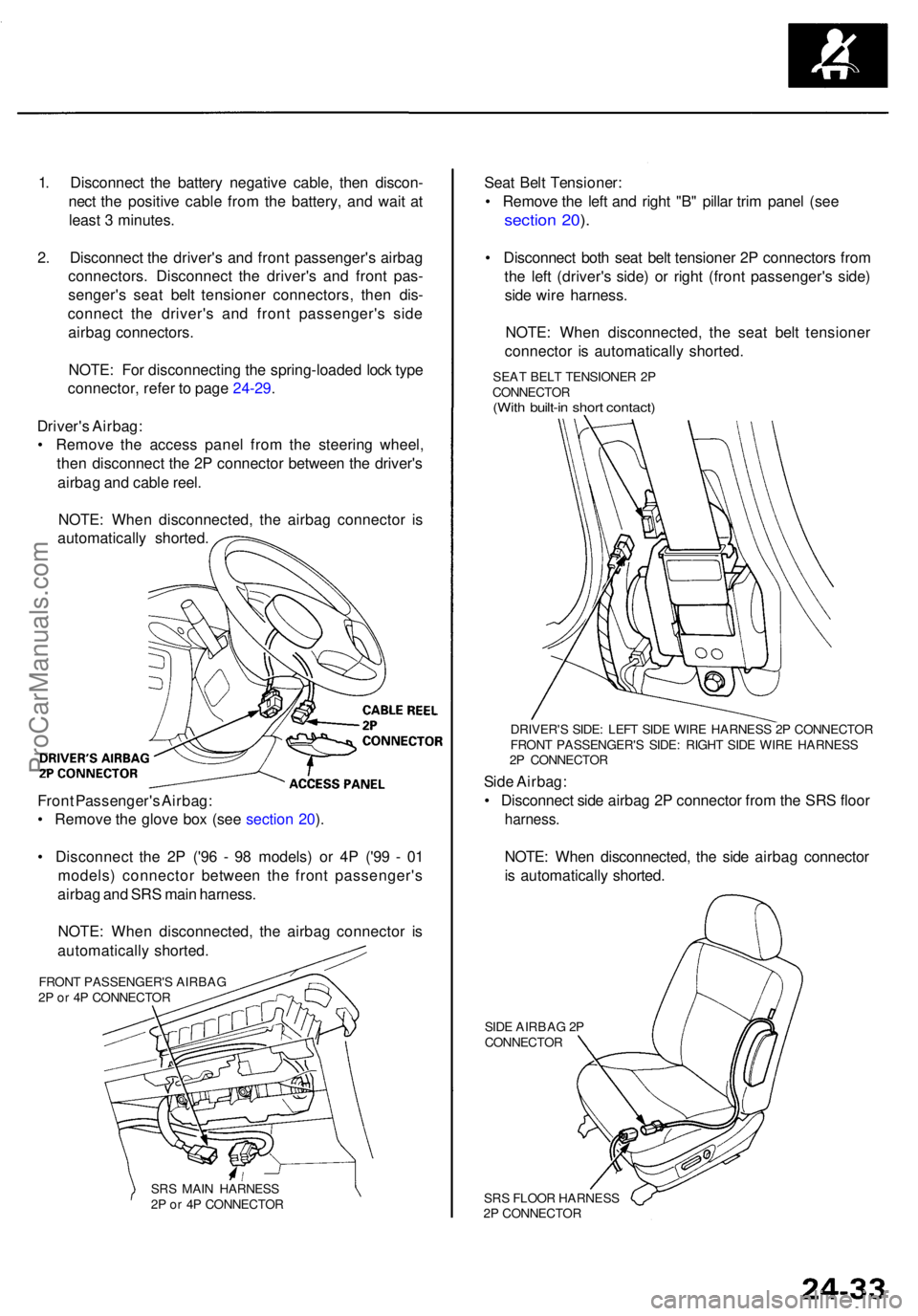 ACURA RL KA9 1996  Service Repair Manual 1. Disconnec t th e batter y negativ e cable , the n discon -
nec t th e positiv e cabl e fro m th e battery , an d wai t a t
leas t 3  minutes .
2 . Disconnec t th e driver' s an d fron t passeng