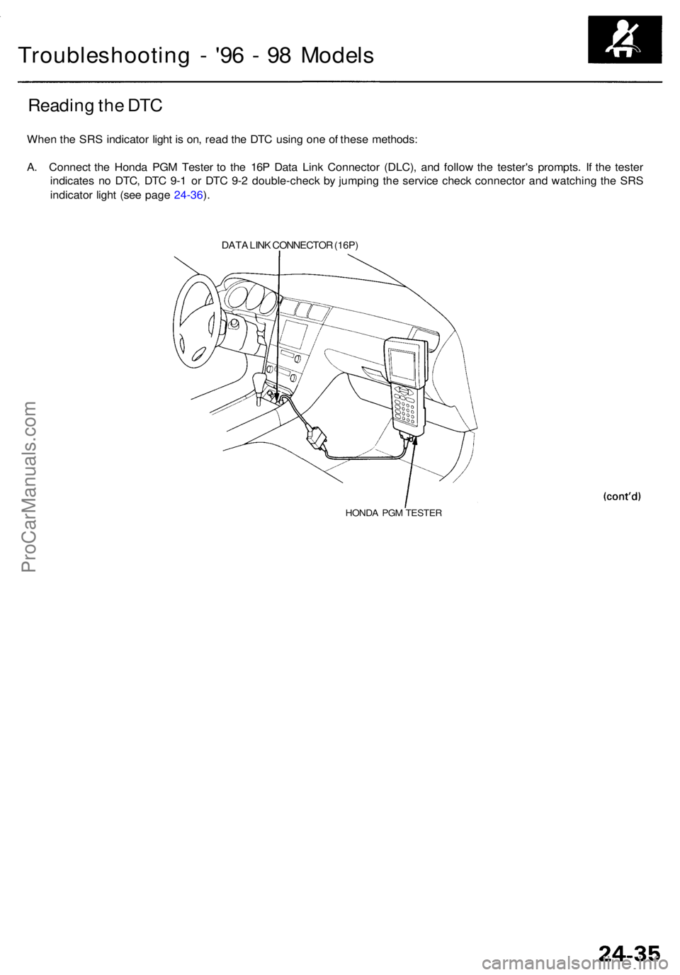 ACURA RL KA9 1996  Service Repair Manual Troubleshooting -  '9 6 -  9 8 Model s
Readin g th e DT C
Whe n th e SR S indicato r ligh t i s  on , rea d th e DT C usin g on e o f thes e methods :
A . Connec t th e Hond a PG M Teste r t o th 