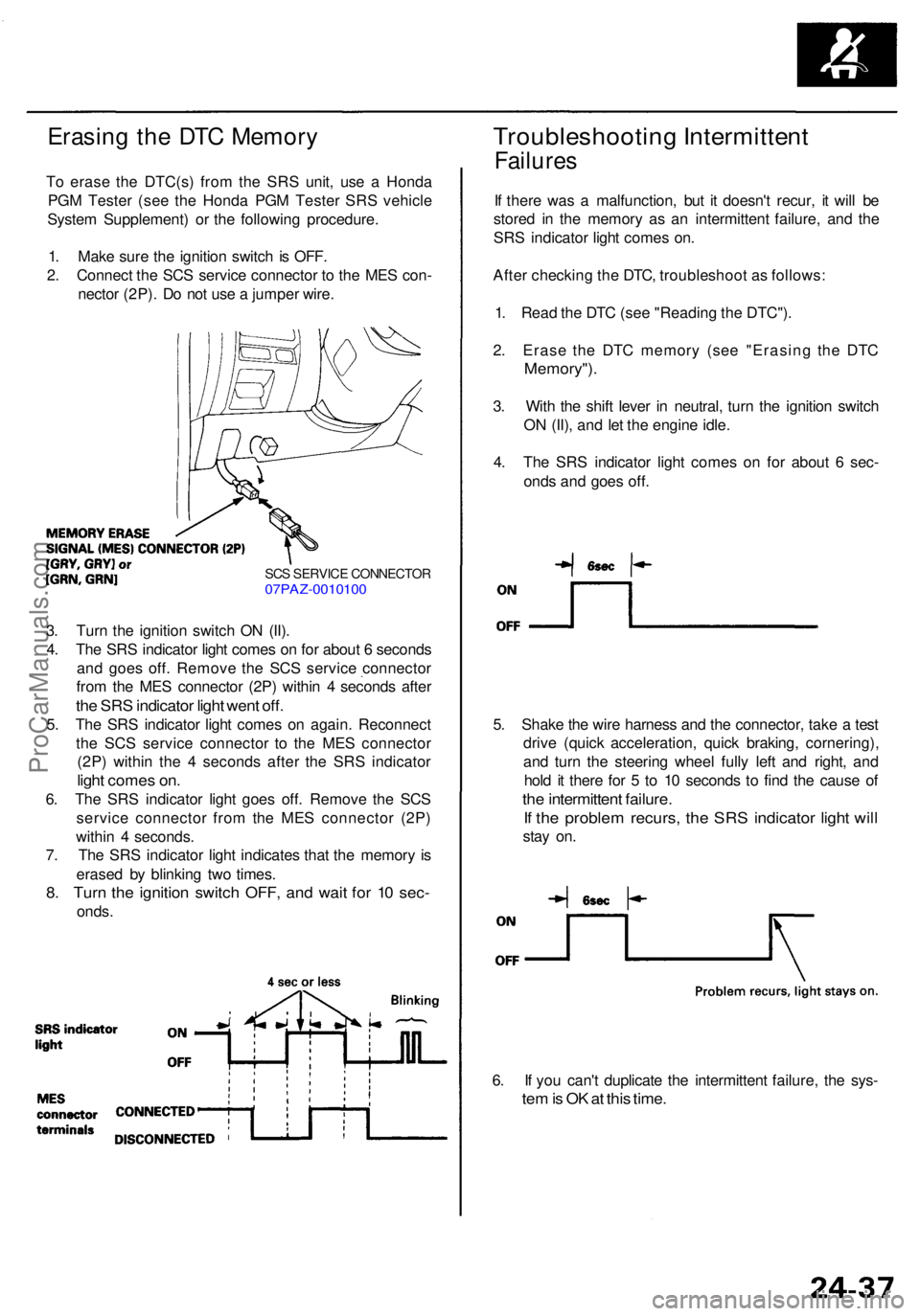 ACURA RL KA9 1996  Service Repair Manual Erasing th e DT C Memor y
To eras e th e DTC(s ) fro m th e SR S unit , us e a  Hond a
PG M Teste r (se e th e Hond a PG M Teste r SR S vehicl e
Syste m Supplement ) o r th e followin g procedure .
1 
