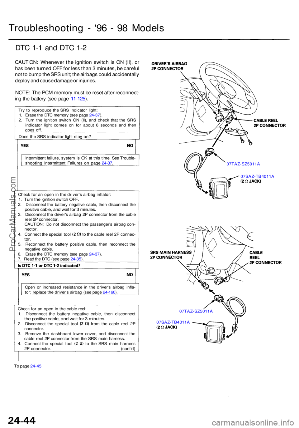 ACURA RL KA9 1996  Service Repair Manual Troubleshooting -  '9 6 -  9 8 Model s
DTC 1- 1 an d DT C 1- 2
CAUTION : Wheneve r th e ignitio n switc h is O N (II) , o r
ha s bee n turne d OF F fo r les s tha n 3  minutes , b e carefu l
no t 