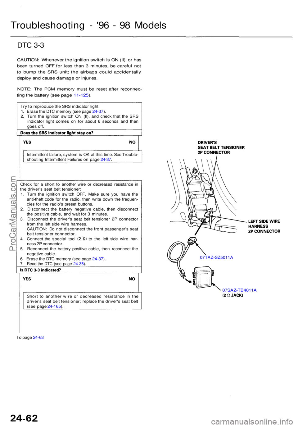 ACURA RL KA9 1996  Service Repair Manual Troubleshooting -  '9 6 -  9 8 Model s
DTC 3- 3
CAUTION : Wheneve r th e ignitio n switc h is  O N (II) , o r ha s
bee n turne d OF F fo r les s tha n 3  minutes , b e carefu l no t
to  bum p th e