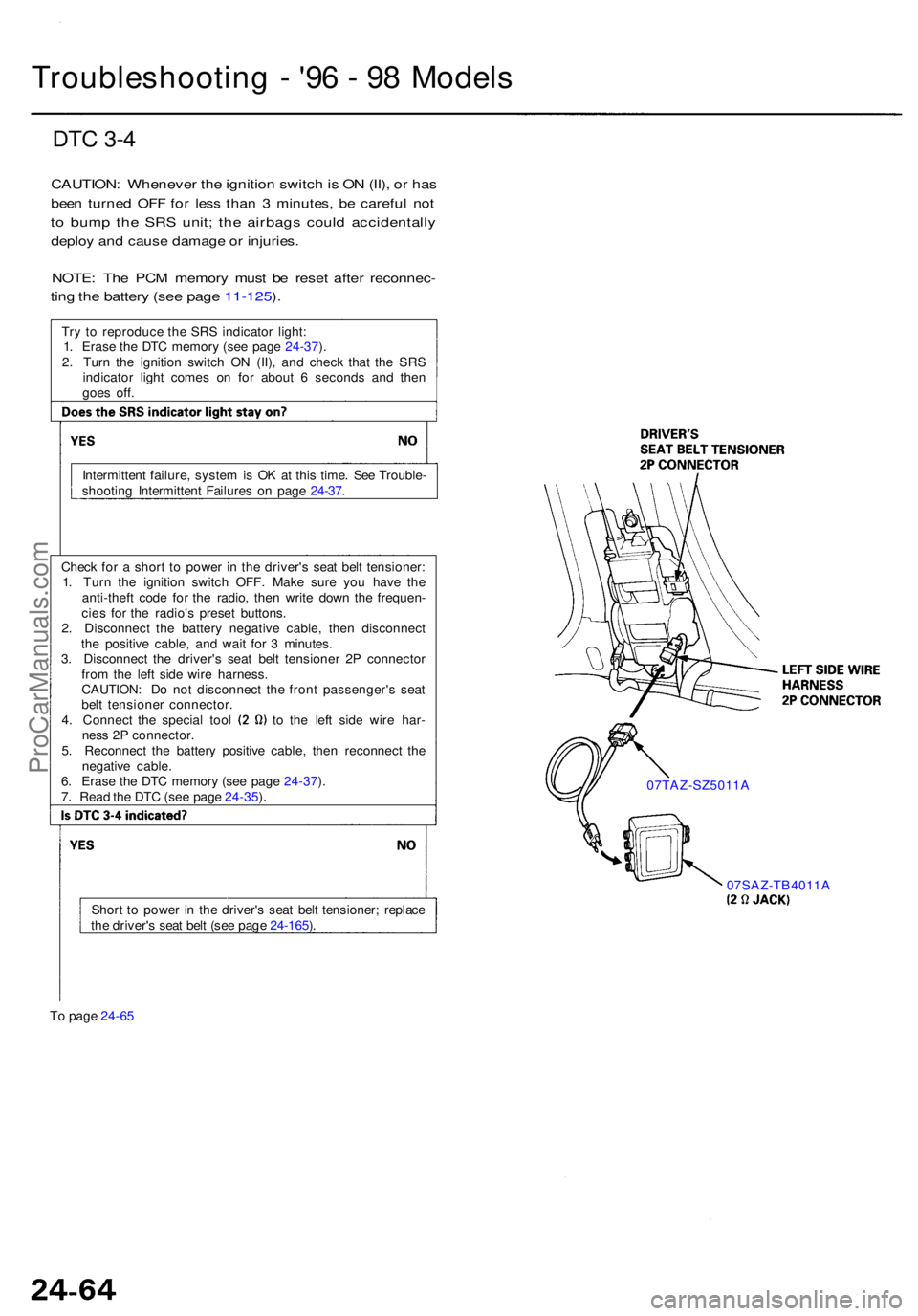 ACURA RL KA9 1996  Service Repair Manual DTC 3- 4
CAUTION : Wheneve r th e ignitio n switc h is  O N (II) , o r ha s
bee n turne d OF F fo r les s tha n 3  minutes , b e carefu l no t
to  bum p th e SR S unit ; th e airbag s coul d accidenta