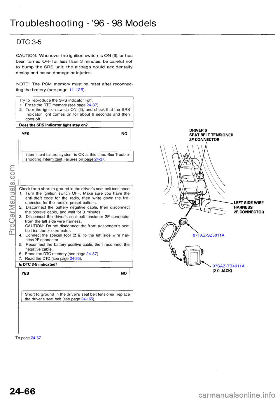 ACURA RL KA9 1996  Service Repair Manual DTC 3- 5
CAUTION : Wheneve r th e ignitio n switc h is  O N (II) , o r ha s
bee n turne d OF F fo r les s tha n 3  minutes , b e carefu l no t
to  bum p th e SR S unit ; th e airbag s coul d accidenta