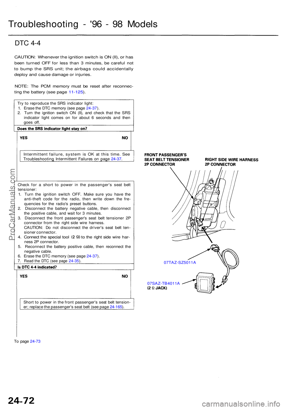ACURA RL KA9 1996  Service Repair Manual Troubleshooting -  '9 6 -  9 8 Model s
DTC 4- 4
CAUTION : Wheneve r th e ignitio n switc h is  O N (II) , o r ha s
bee n turne d OF F fo r les s tha n 3  minutes , b e carefu l no t
to  bum p th e