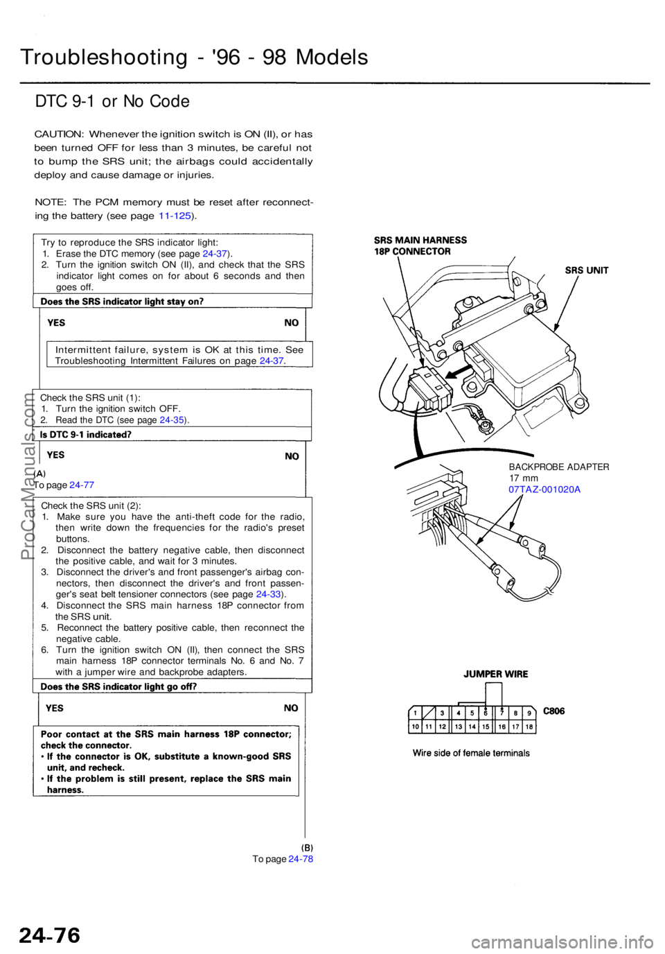ACURA RL KA9 1996  Service Repair Manual DTC 9- 1 o r N o Cod e
CAUTION : Wheneve r th e ignitio n switc h is  O N (II) , o r ha s
bee n turne d OF F fo r les s tha n 3  minutes , b e carefu l no t
to  bum p th e SR S unit ; th e airbag s co