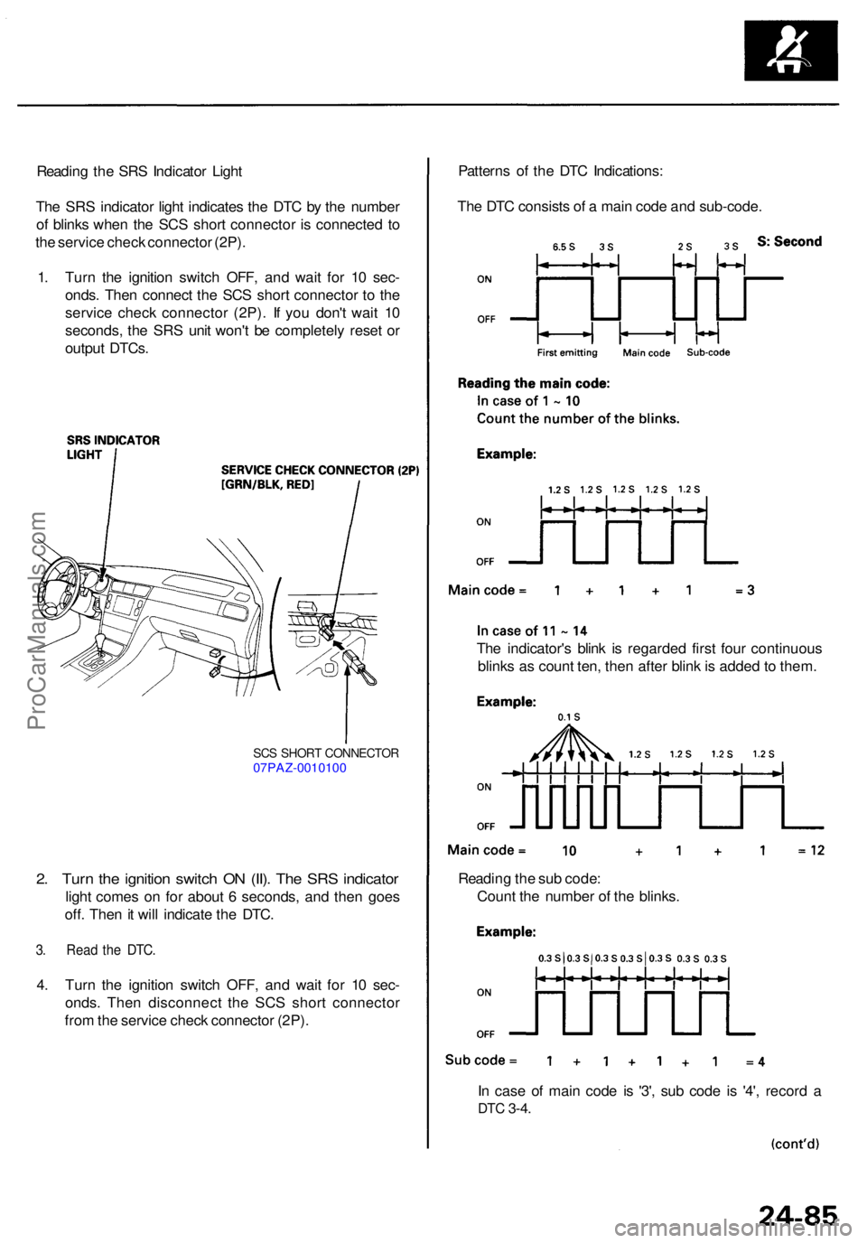 ACURA RL KA9 1996  Service Repair Manual Reading th e SR S Indicato r Ligh t
Th e SR S indicato r ligh t indicate s th e DT C b y th e numbe r
o f blink s whe n th e SC S shor t connecto r i s connecte d t o
th e servic e chec k connecto r (