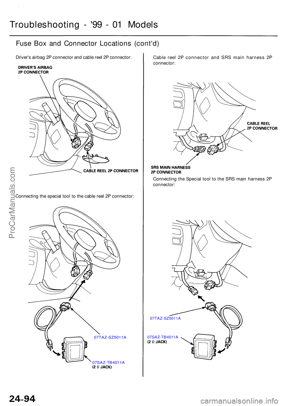 ACURA RL KA9 1996  Service Repair Manual 07SAZ-TB4011A
07TAZ-SZ5011A 07SAZ-TB4011 A
07TAZ-SZ5011
A
Connecting th e specia l too l t o  th e cabl e ree l 2 P connector :Connectin
g th e Specia l too l t o th e SR S mai n harnes s 2 P
connecto