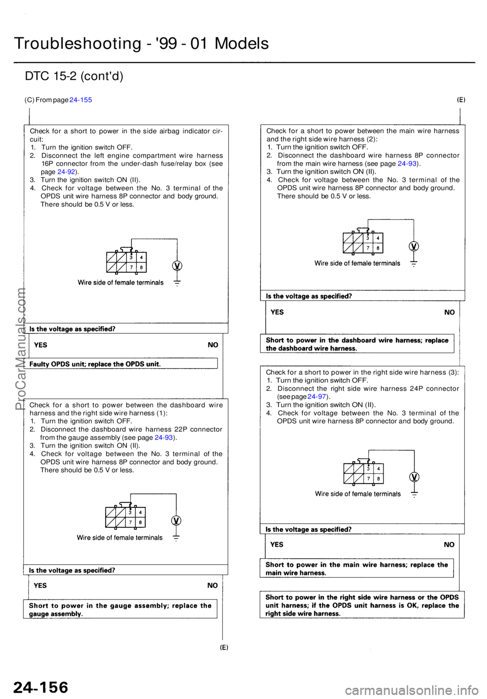 ACURA RL KA9 1996  Service Repair Manual Troubleshooting - '9 9 - 0 1 Model s
DTC 15- 2 (cont'd )
(C) Fro m pag e 24-15 5
Chec k fo r a  shor t t o powe r i n th e sid e airba g indicato r cir -
cuit :1. Tur n th e ignitio n switc h 