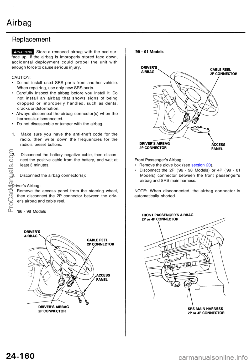 ACURA RL KA9 1996  Service Repair Manual Airbag
Replacemen t
Store a  remove d airba g wit h th e pa d sur -
fac e up . I f th e airba g i s improperl y store d fac e down ,
accidenta l deploymen t coul d prope l th e uni t wit h
enoug h for