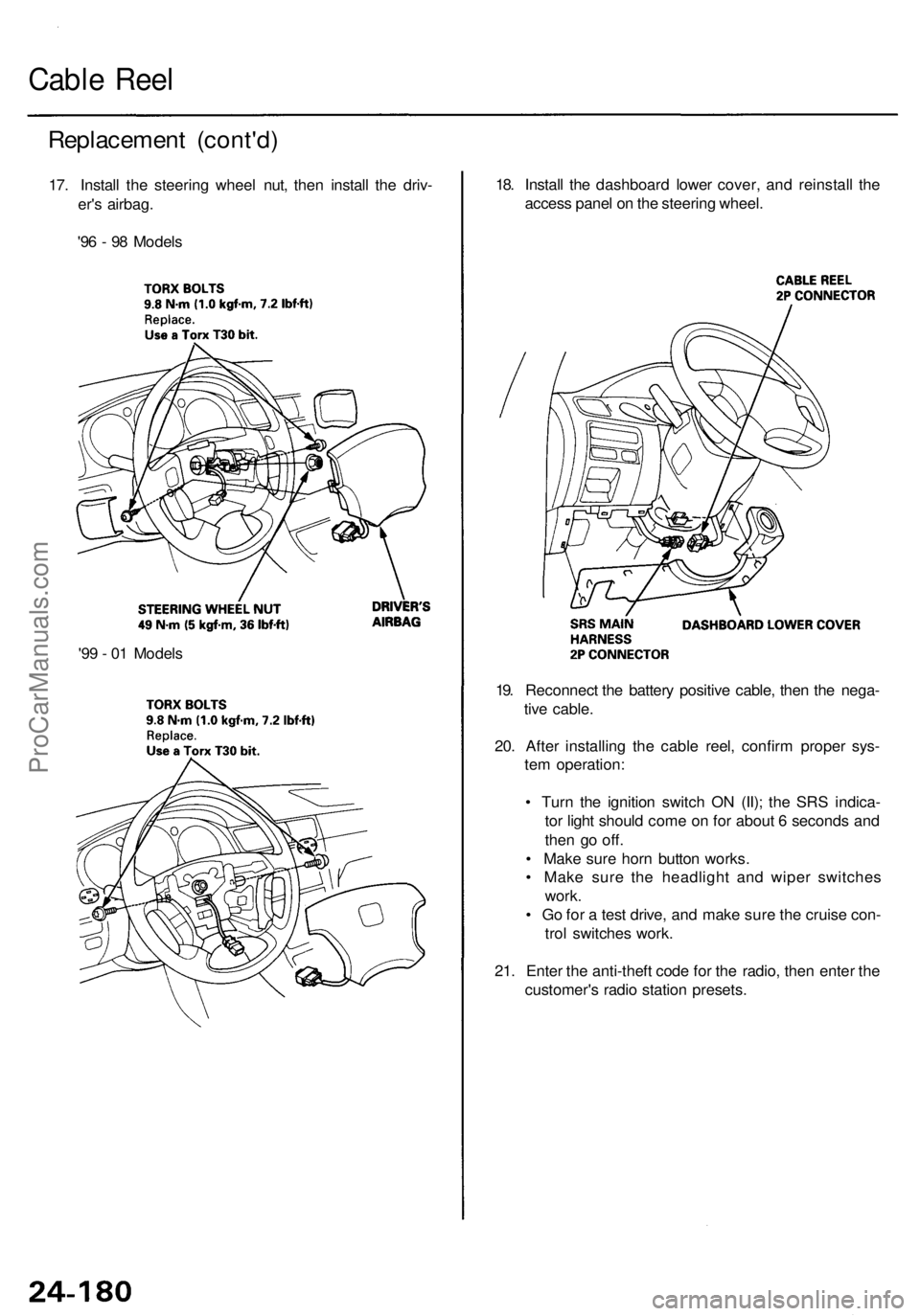 ACURA RL KA9 1996  Service Repair Manual Replacement (cont'd )
17. Instal l th e steerin g whee l nut , the n instal l th e driv -
er' s airbag .
'9 6 -  9 8 Model s
Cable Ree l
18. Instal l th e dashboar d lowe r cover , an d re