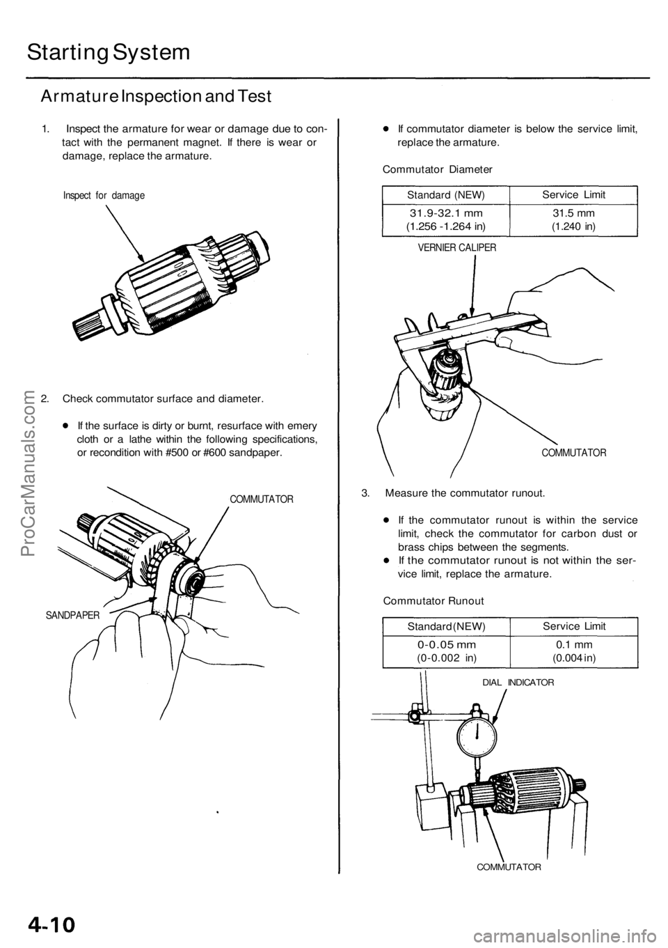 ACURA RL KA9 1996  Service Repair Manual Starting Syste m
Armatur e Inspectio n an d Tes t
1.  Inspec t th e armatur e fo r wea r o r damag e du e to  con -
tact wit h th e permanen t magnet . I f ther e i s wea r o r
damage , replac e th e 