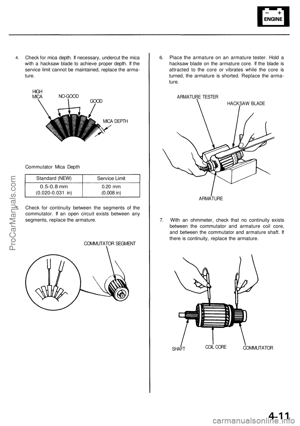 ACURA RL KA9 1996  Service Repair Manual 
4.

Check for mica depth. If necessary, undercut the mica

with a hacksaw blade to achieve proper depth. If the

service limit cannot be maintained, replace the arma-

ture.

NO-GOOD

GOOD

MICA DEPT