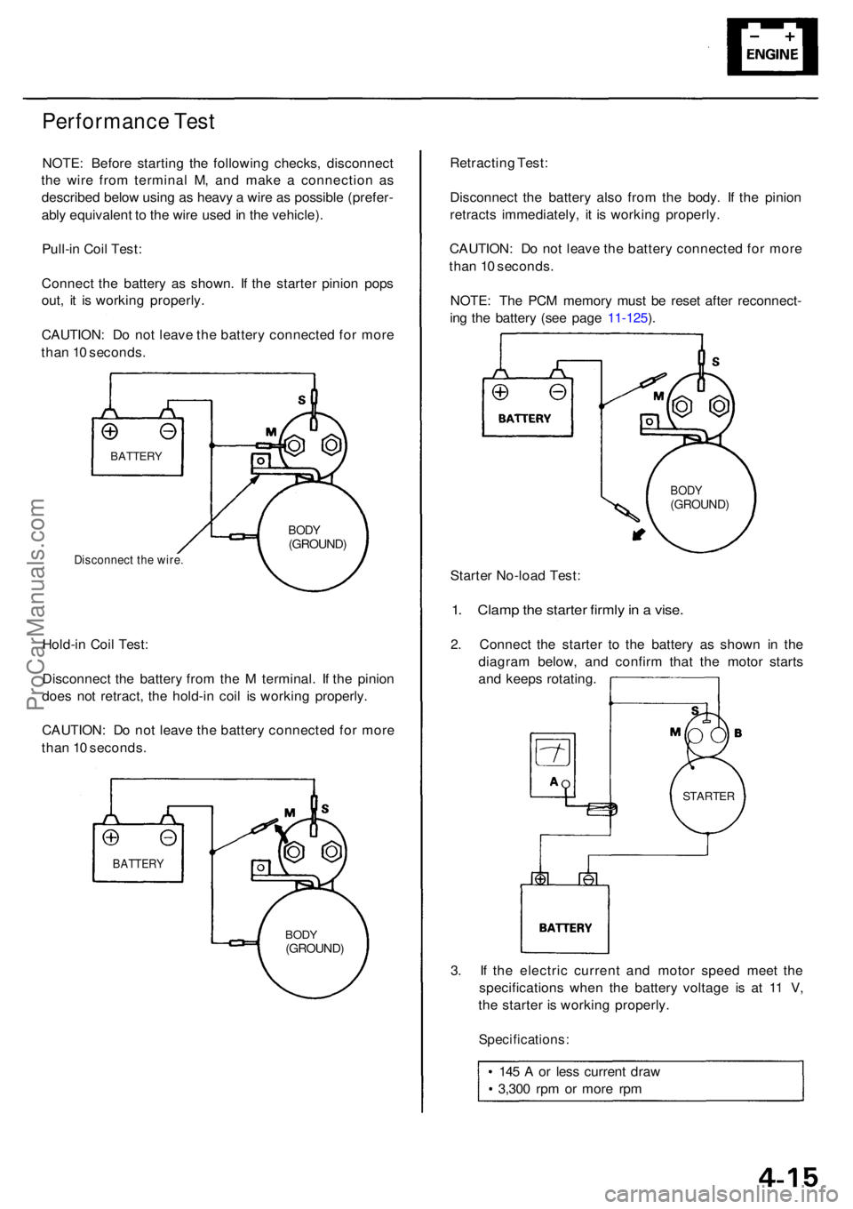 ACURA RL KA9 1996  Service Repair Manual Performance Tes t
NOTE : Befor e startin g th e followin g checks , disconnec t
th e wir e fro m termina l M , an d mak e a  connectio n a s
describe d belo w usin g a s heav y a  wir e a s possibl e 