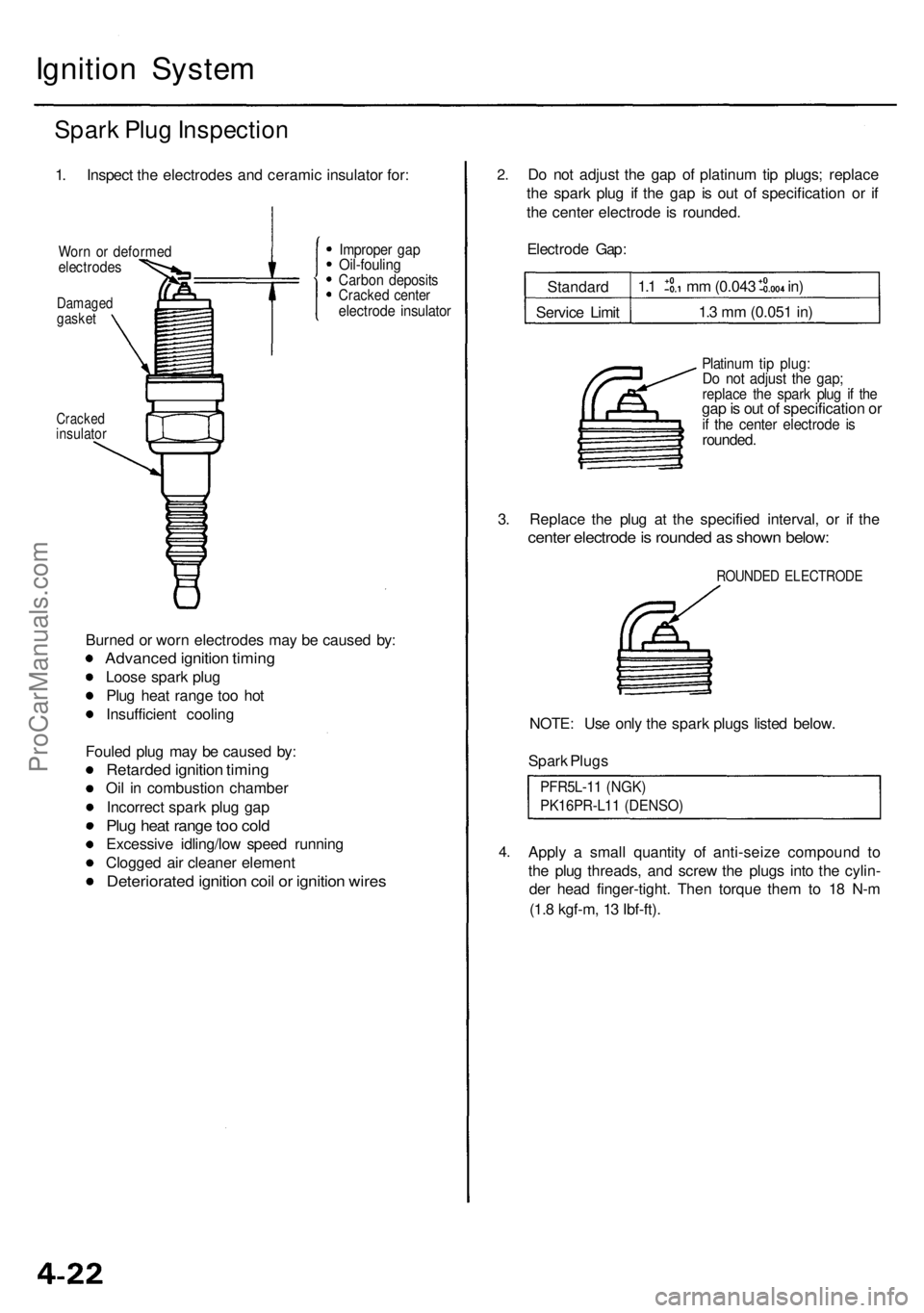 ACURA RL KA9 1996  Service Repair Manual Ignition Syste m
Spark Plu g Inspectio n
1. Inspec t th e electrode s an d cerami c insulato r for :
Wor n o r deforme delectrode s
Damagedgasket
Cracke dinsulato r
Improper ga pOil-foulin gCarbon dep