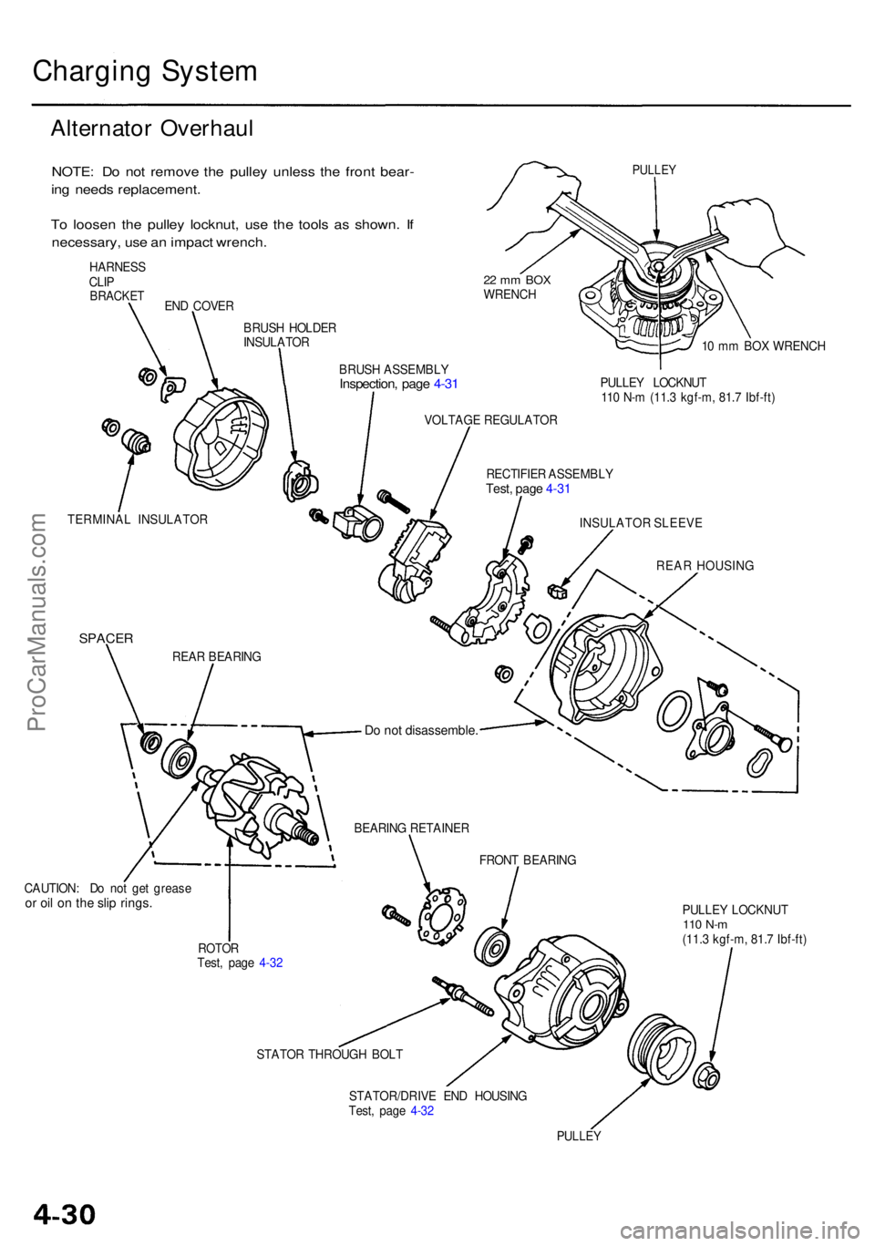 ACURA RL KA9 1996  Service Repair Manual Charging Syste m
Alternato r Overhau l
NOTE: D o no t remov e th e pulle y unles s th e fron t bear -
in g need s replacement .
T o loose n th e pulle y locknut , us e th e tool s a s shown . I f
nece