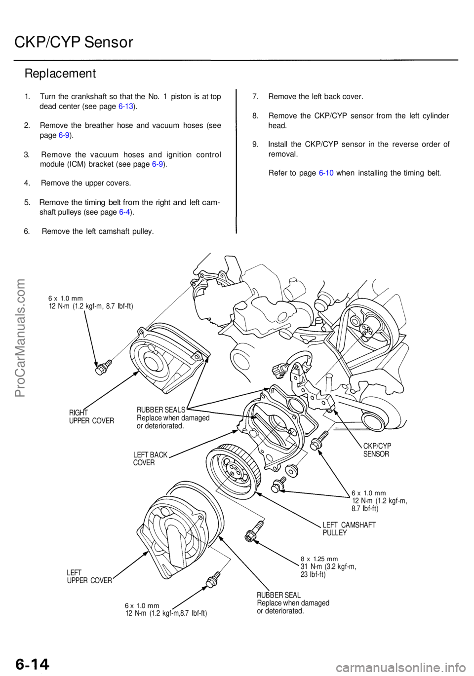 ACURA RL KA9 1996 Service Repair Manual CKP/CYP Senso r
Replacemen t
1. Tur n th e crankshaf t s o tha t th e No . 1 pisto n i s a t to p
dea d cente r (se e pag e 6-13 ).
2 . Remov e th e breathe r hos e an d vacuu m hose s (se e
pag e 6- ACURA RL KA9 1996 Service Repair Manual CKP/CYP Senso r
Replacemen t
1. Tur n th e crankshaf t s o tha t th e No . 1 pisto n i s a t to p
dea d cente r (se e pag e 6-13 ).
2 . Remov e th e breathe r hos e an d vacuu m hose s (se e
pag e 6-
