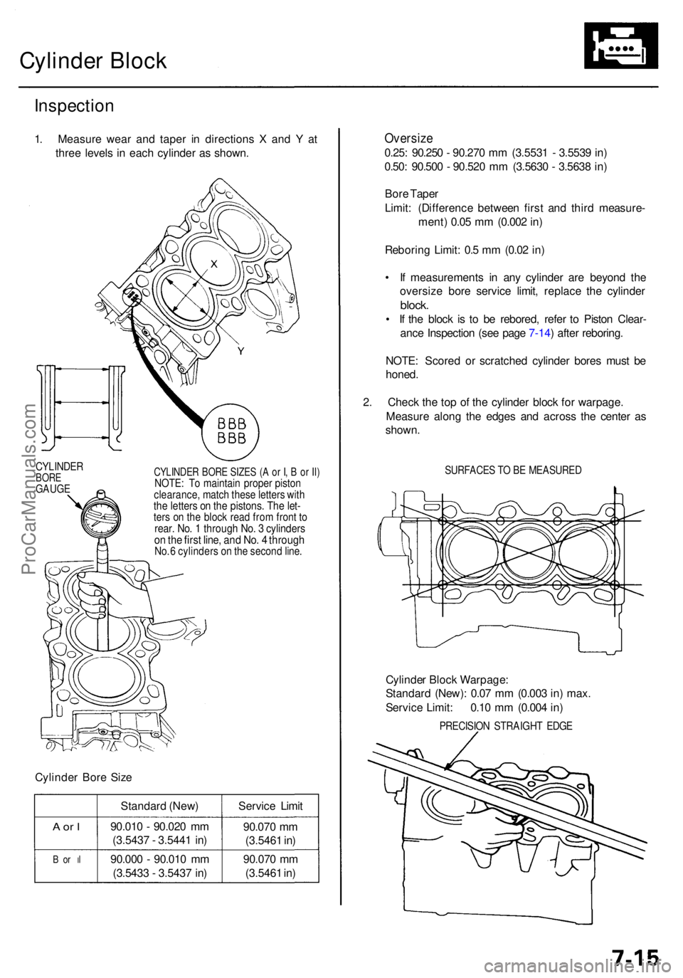 ACURA RL KA9 1996 Service Repair Manual Cylinder Bloc k
Inspectio n
1. Measur e wea r an d tape r i n direction s X an d Y at
thre e level s i n eac h cylinde r a s shown .
CYLINDE R BOR E SIZE S ( A o r I , B or Il )NOTE : T o maintai ACURA RL KA9 1996 Service Repair Manual Cylinder Bloc k
Inspectio n
1. Measur e wea r an d tape r i n direction s X an d Y at
thre e level s i n eac h cylinde r a s shown .
CYLINDE R BOR E SIZE S ( A o r I , B or Il )NOTE : T o maintai