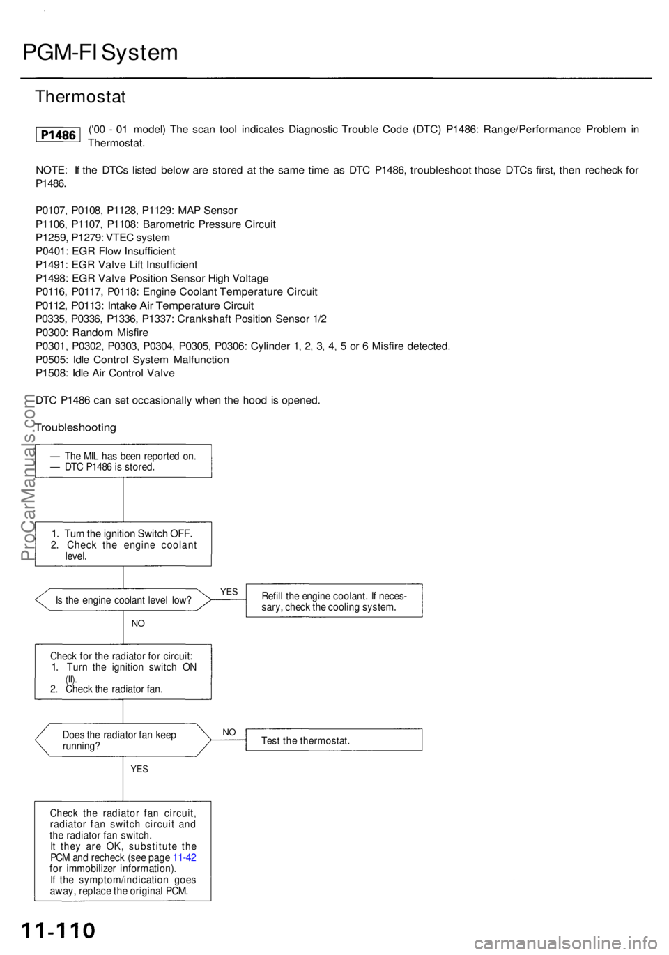 ACURA RL KA9 1996  Service Repair Manual PGM-FI Syste m
NOTE: I f th e DTC s liste d belo w ar e store d a t th e sam e tim e a s DT C P1486 , troubleshoo t thos e DTC s first , the n rechec k fo r
P1486 .
P0107 , P0108 , P1128 , P1129 : MA 