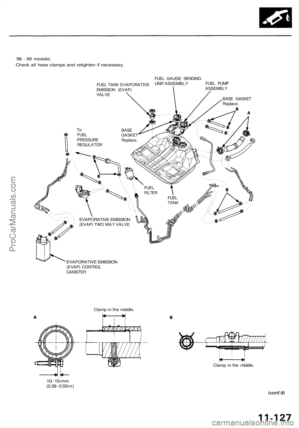 ACURA RL KA9 1996  Service Repair Manual 
'96 - 99 models:

Check all hose clamps and retighten if necessary.

EVAPORATIVE EMISSION

(EVAP) TWO WAY VALVE

EVAPORATIVE EMISSION

(EVAP) CONTROL

CANISTER

10 -
 15
 mm

(0.39
 -
 0.59
 in) 