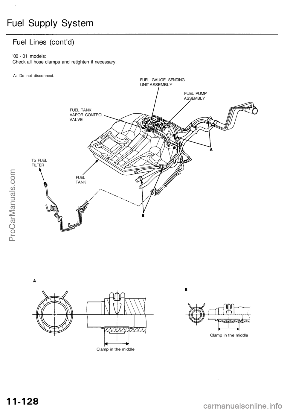 ACURA RL KA9 1996  Service Repair Manual 
Fuel Supply System

Fuel Lines (cont'd)

'00 - 01 models:

Check all hose clamps and retighten if necessary.

A: Do not disconnect.

To FUEL

FILTER 
FUEL TANK

VAPOR CONTROL

VALVE 
FUEL GAU