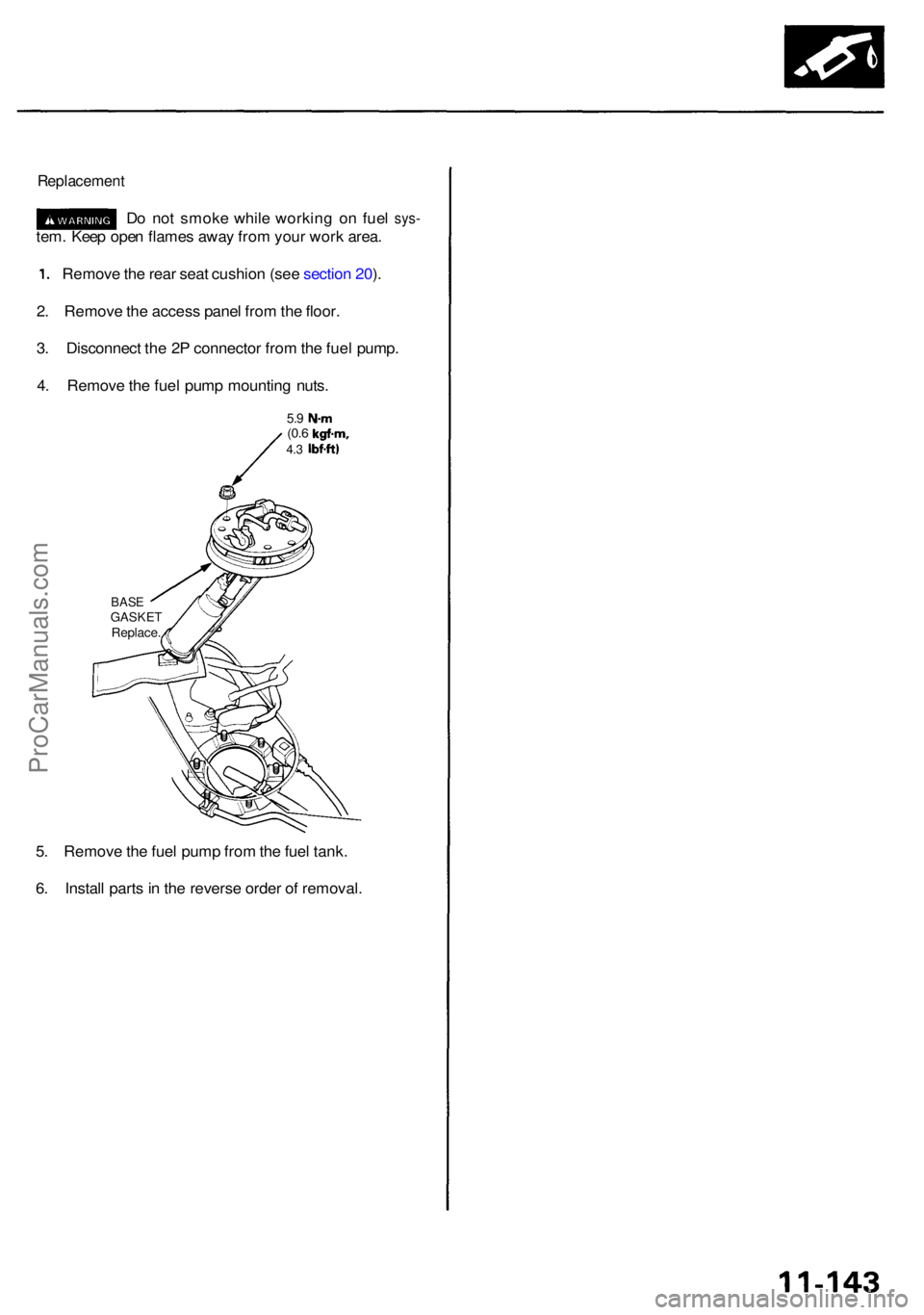 ACURA RL KA9 1996  Service Repair Manual Replacement
Do no t smok e whil e workin g o n fue l sys -
tem. Kee p ope n flame s awa y fro m you r wor k area .
1. Remov e th e rea r sea t cushio n (se e sectio n 20 ).
2 . Remov e th e acces s pa