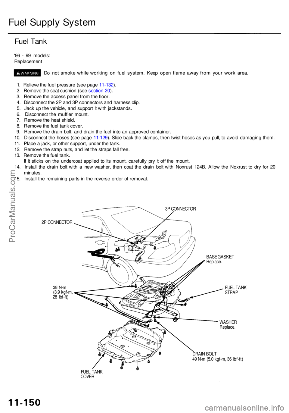 ACURA RL KA9 1996  Service Repair Manual Fuel Suppl y Syste m
Fuel Tan k
'96 -  9 9 models :
Replacemen t
D o no t smok e whil e workin g o n fue l system . Kee p ope n flam e awa y fro m you r wor k area .
1 . Reliev e th e fue l pressu