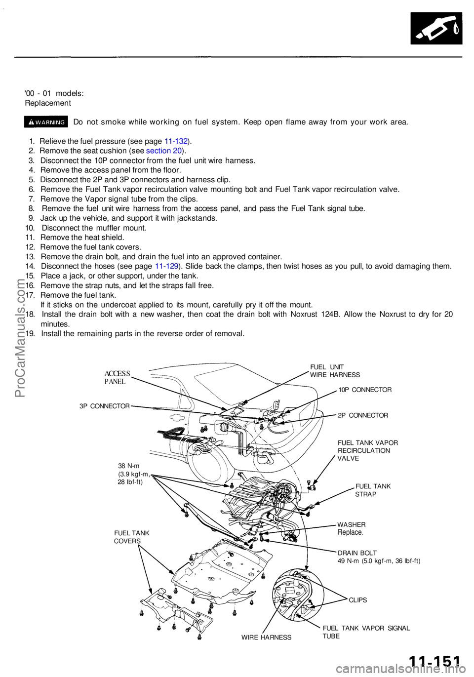ACURA RL KA9 1996  Service Repair Manual '00 -  0 1 models :
Replacemen t
D o no t smok e whil e workin g o n fue l system . Kee p ope n flam e awa y fro m you r wor k area .
1 . Reliev e th e fue l pressur e (se e pag e 11-132 ).
2 . Re