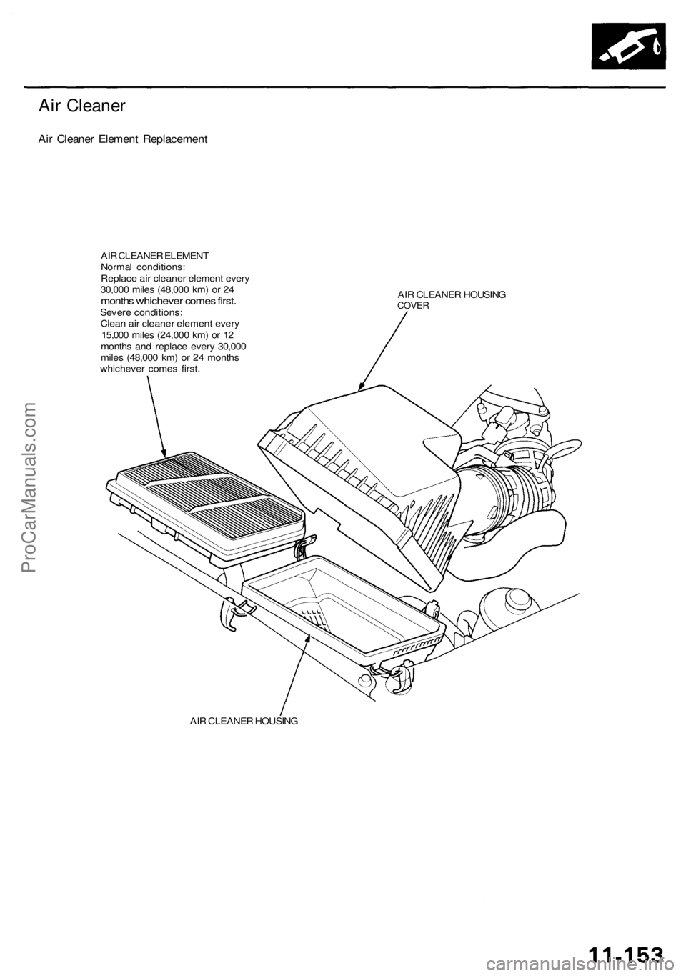 ACURA RL KA9 1996  Service Repair Manual 
Air Cleaner

Air Cleaner Element Replacement

AIR CLEANER ELEMENT

Normal conditions:

Replace air cleaner element every

30,000 miles (48,000 km) or 24

months whichever comes first.

Severe conditi