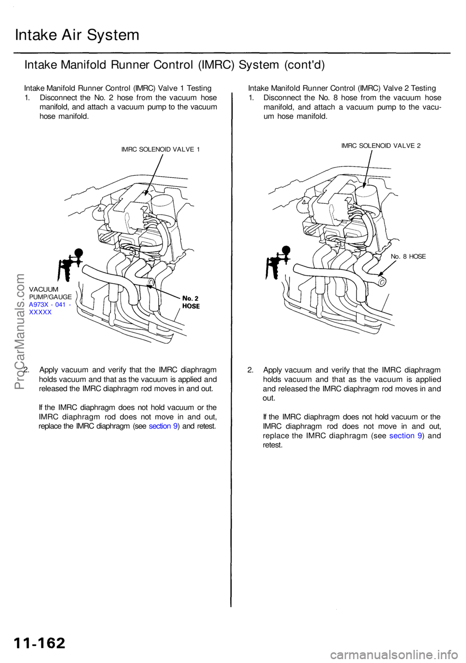 ACURA RL KA9 1996  Service Repair Manual Intake Ai r Syste m
Intake Manifol d Runne r Contro l (IMRC ) Syste m (cont'd )
Intake Manifol d Runne r Contro l (IMRC ) Valv e 1  Testin g
1 . Disconnec t th e No . 2  hos e fro m th e vacuu m h