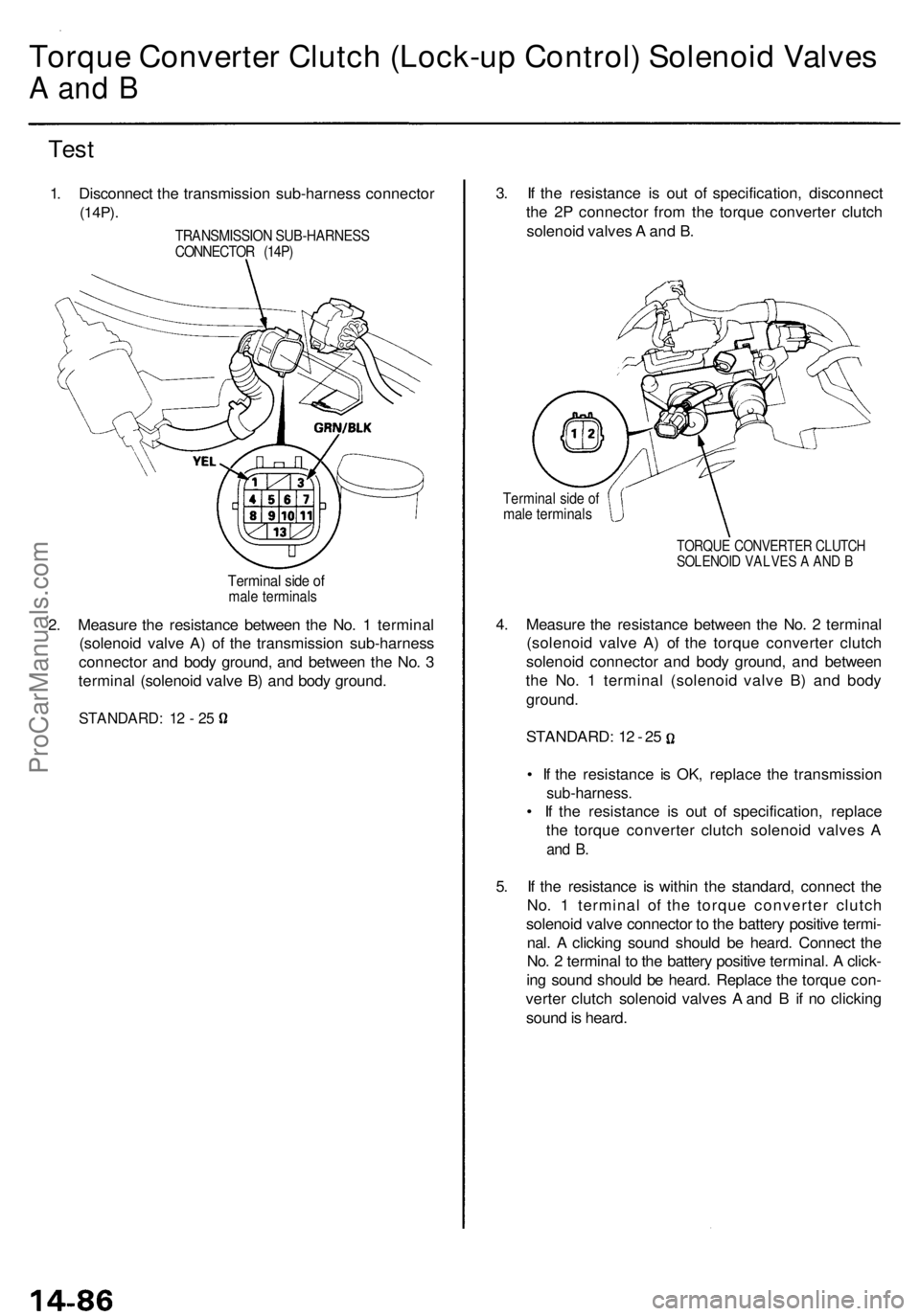 ACURA RL KA9 1996  Service Repair Manual Torque Converter Clutch (Lock-up Control) Solenoid Valves 
A an d B
Tes t
1. Disconnec t th e transmissio n sub-harnes s connecto r
(14P).
2. Measur e th e resistanc e betwee n th e No . 1  termina l
